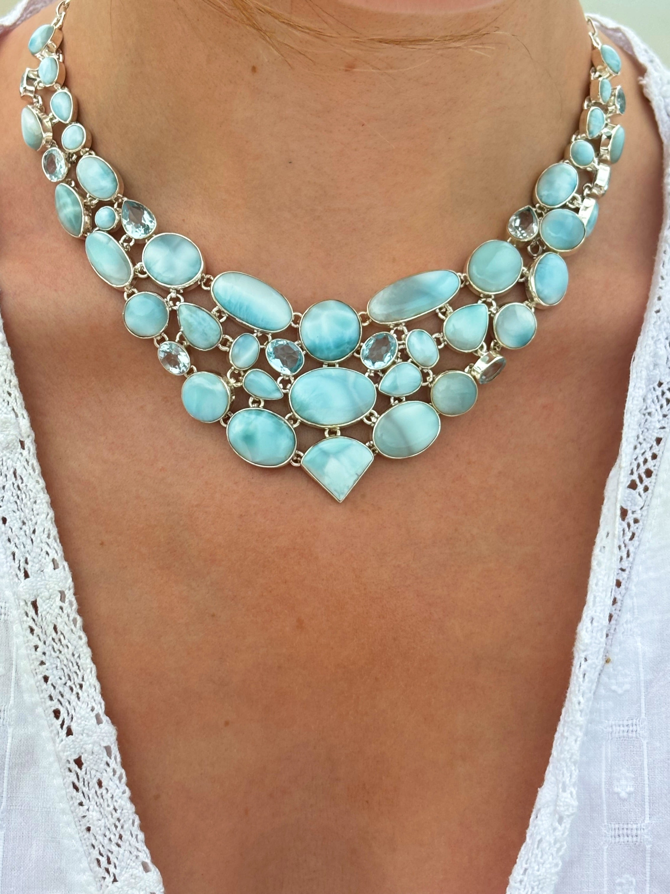 Larimar & Blue topaz Rare Combination Cut Necklace