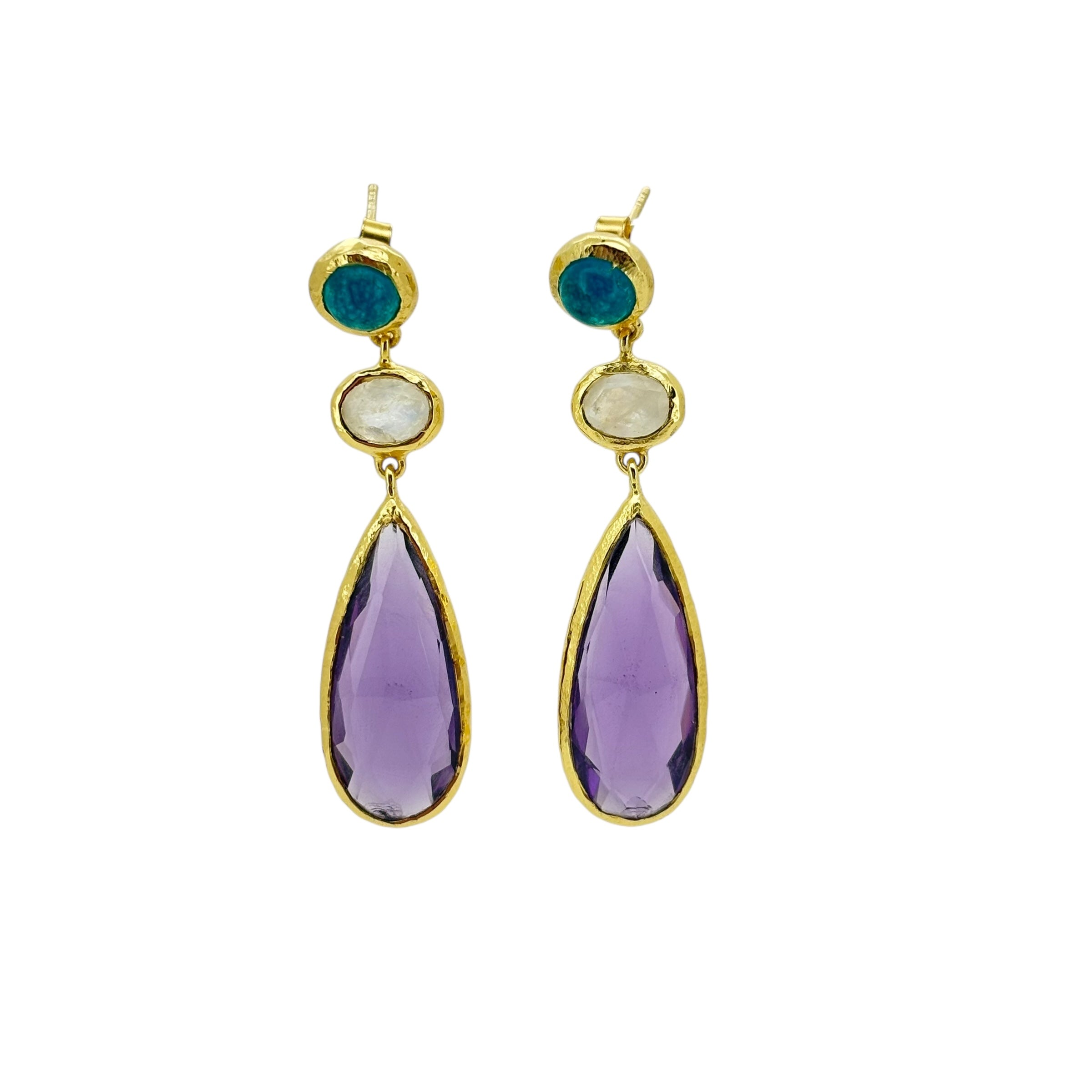 Gold Blue Apatite, Moonstone & Amethyst Earrings