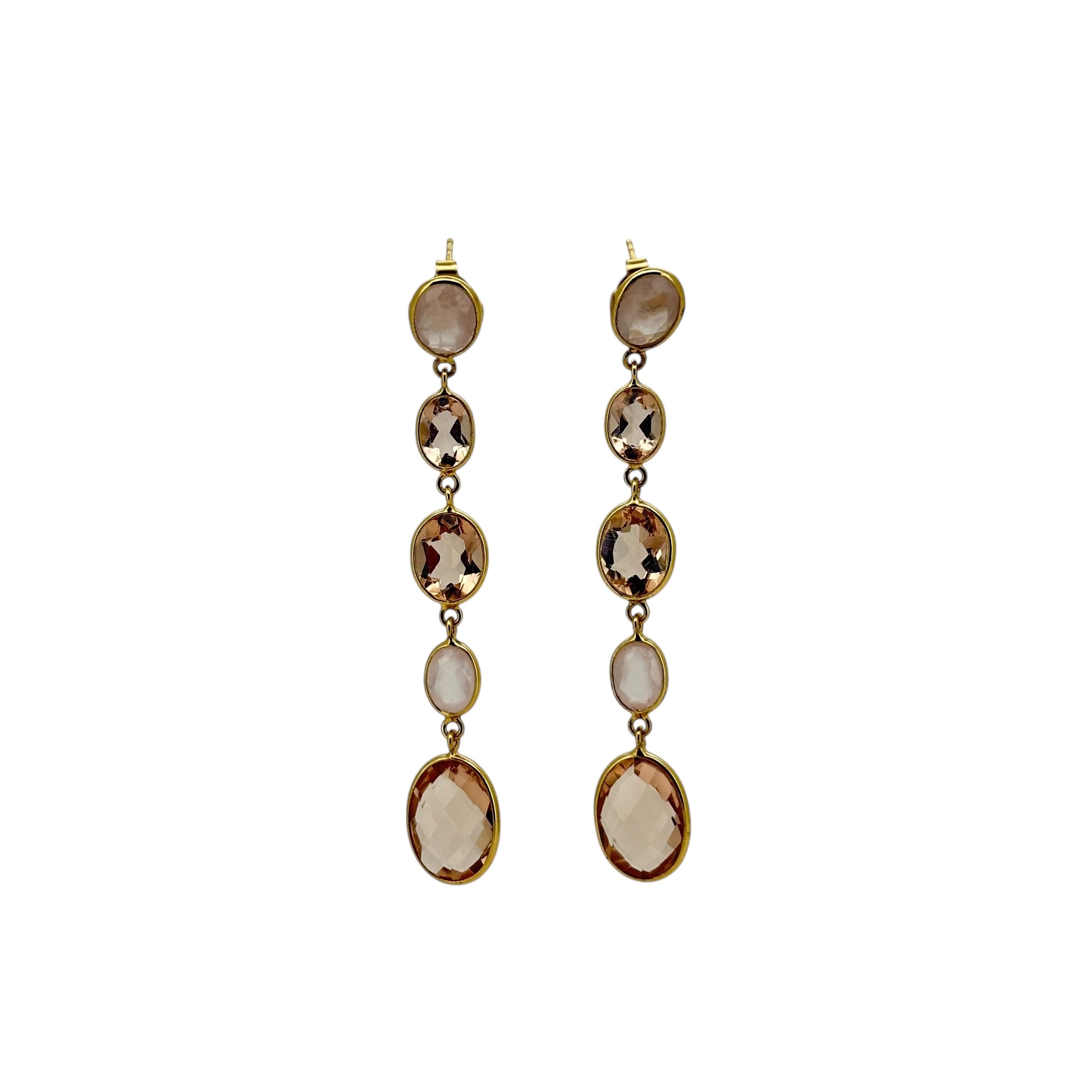 Gold Rose & Cherry Quartz Drop Stud Earrings