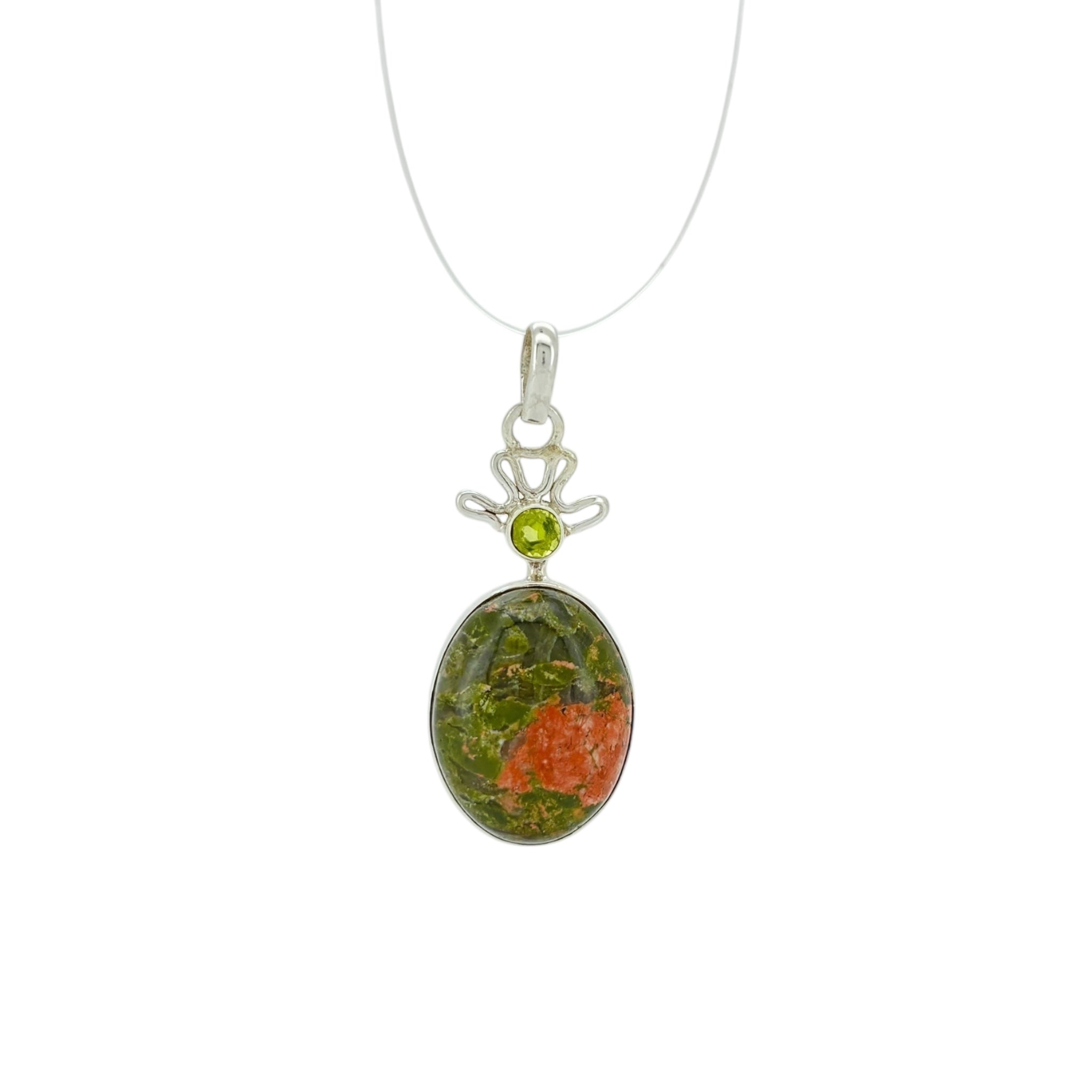 Unakite Jasper & Peridot Leaf Pendant