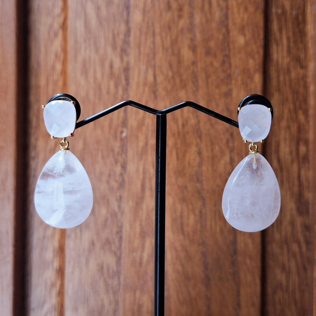Gold Rose Quartz Drop Stud Earrings