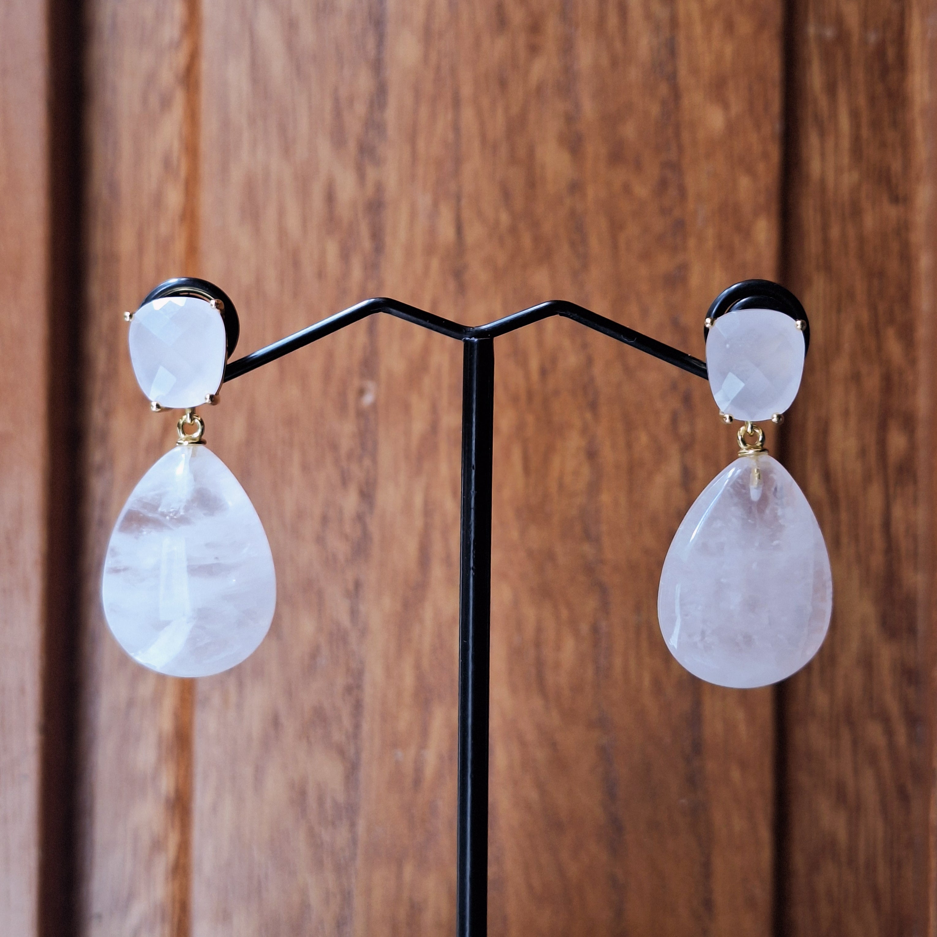 Gold Rose Quartz Drop Stud Earrings