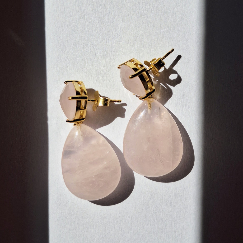 Gold Rose Quartz Drop Stud Earrings