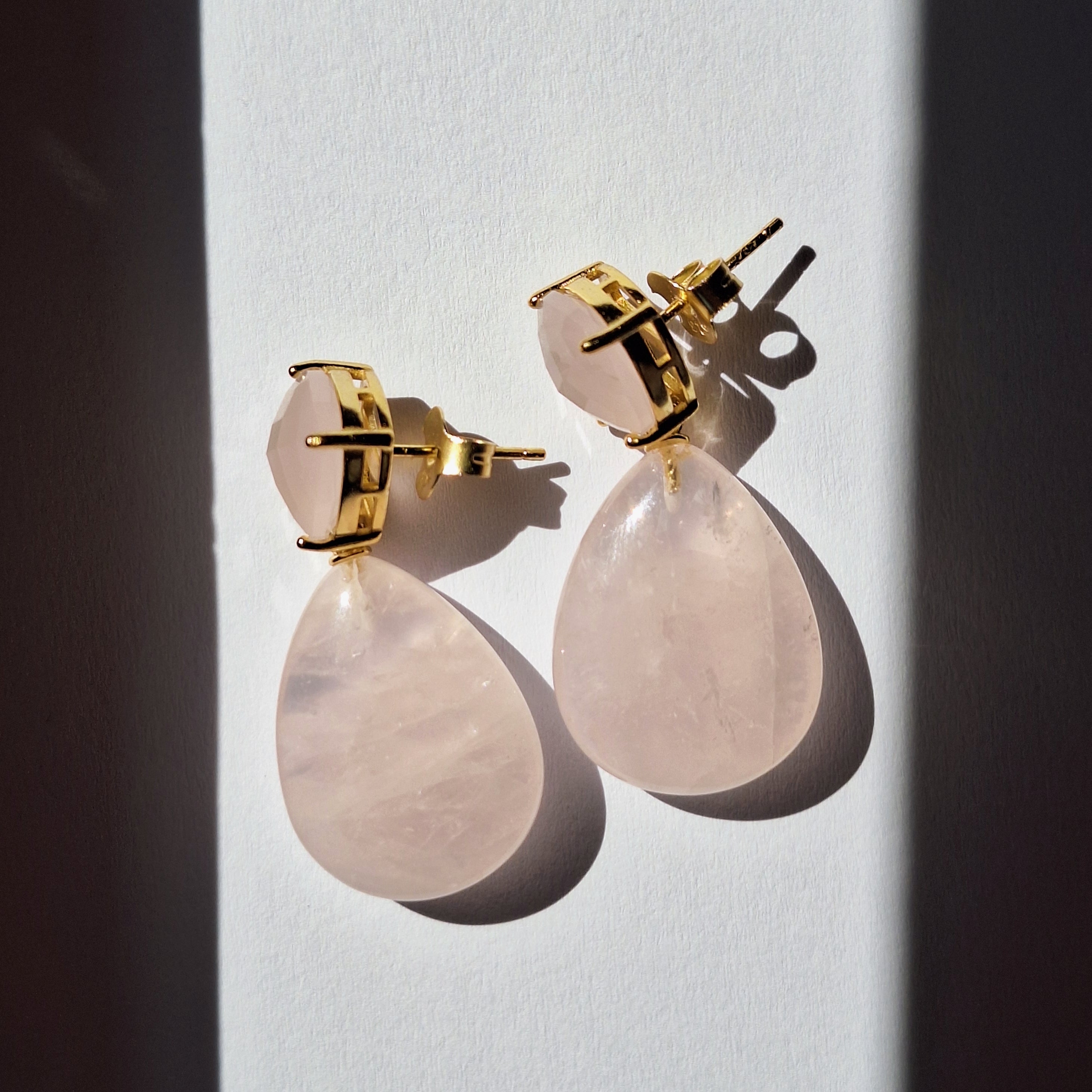 Gold Rose Quartz Drop Stud Earrings