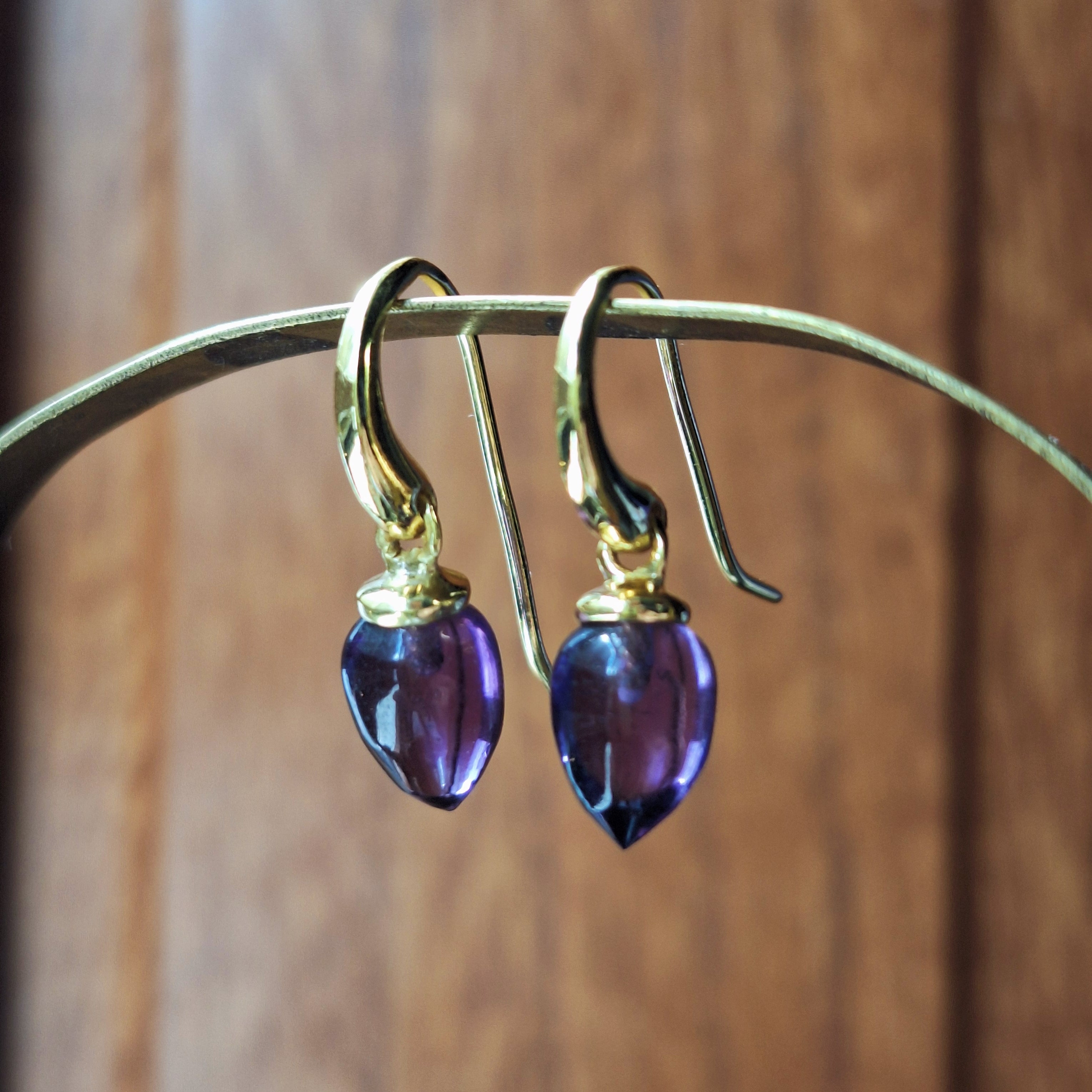Gold Amethyst Cabochon Drop Earrings