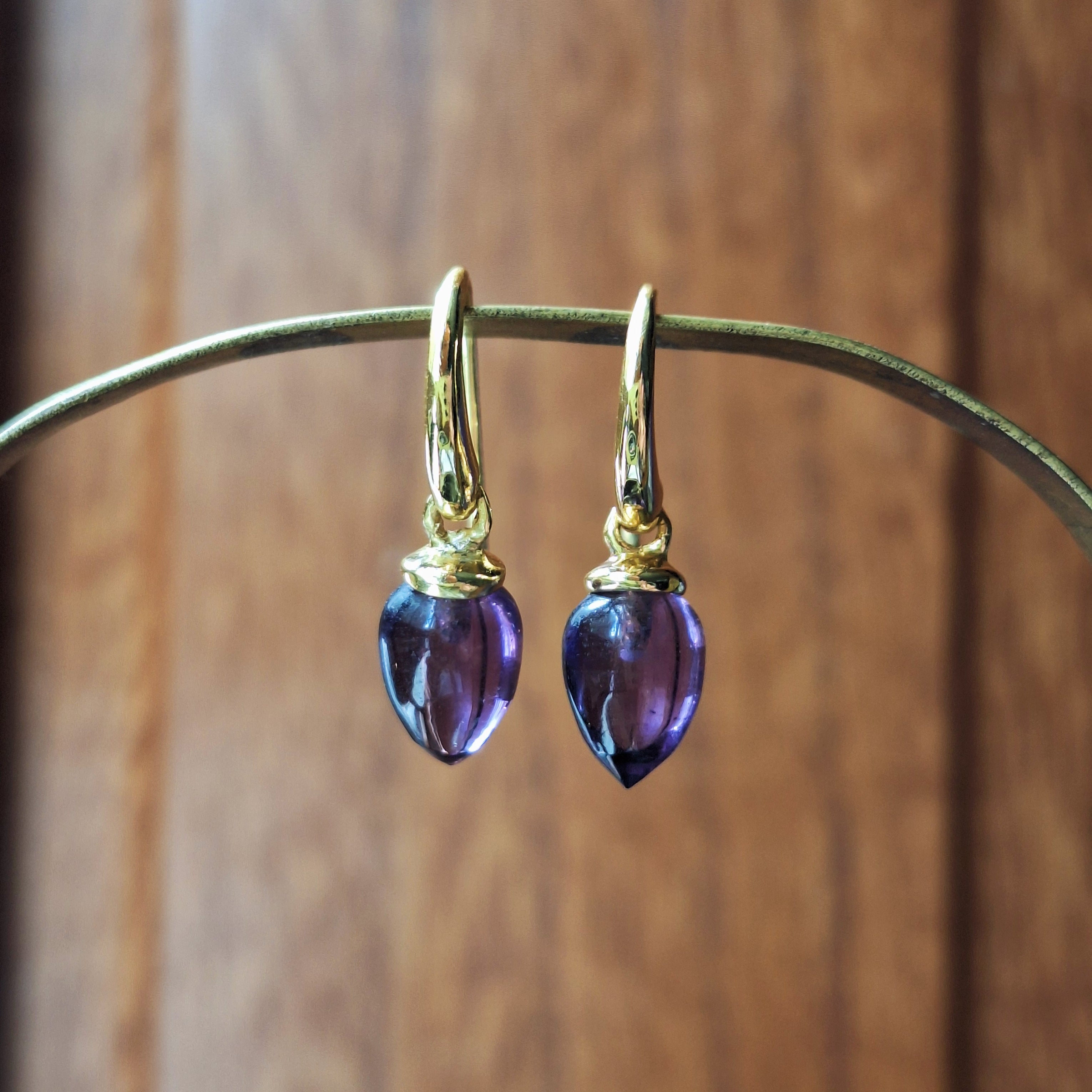 Gold Amethyst Cabochon Drop Earrings