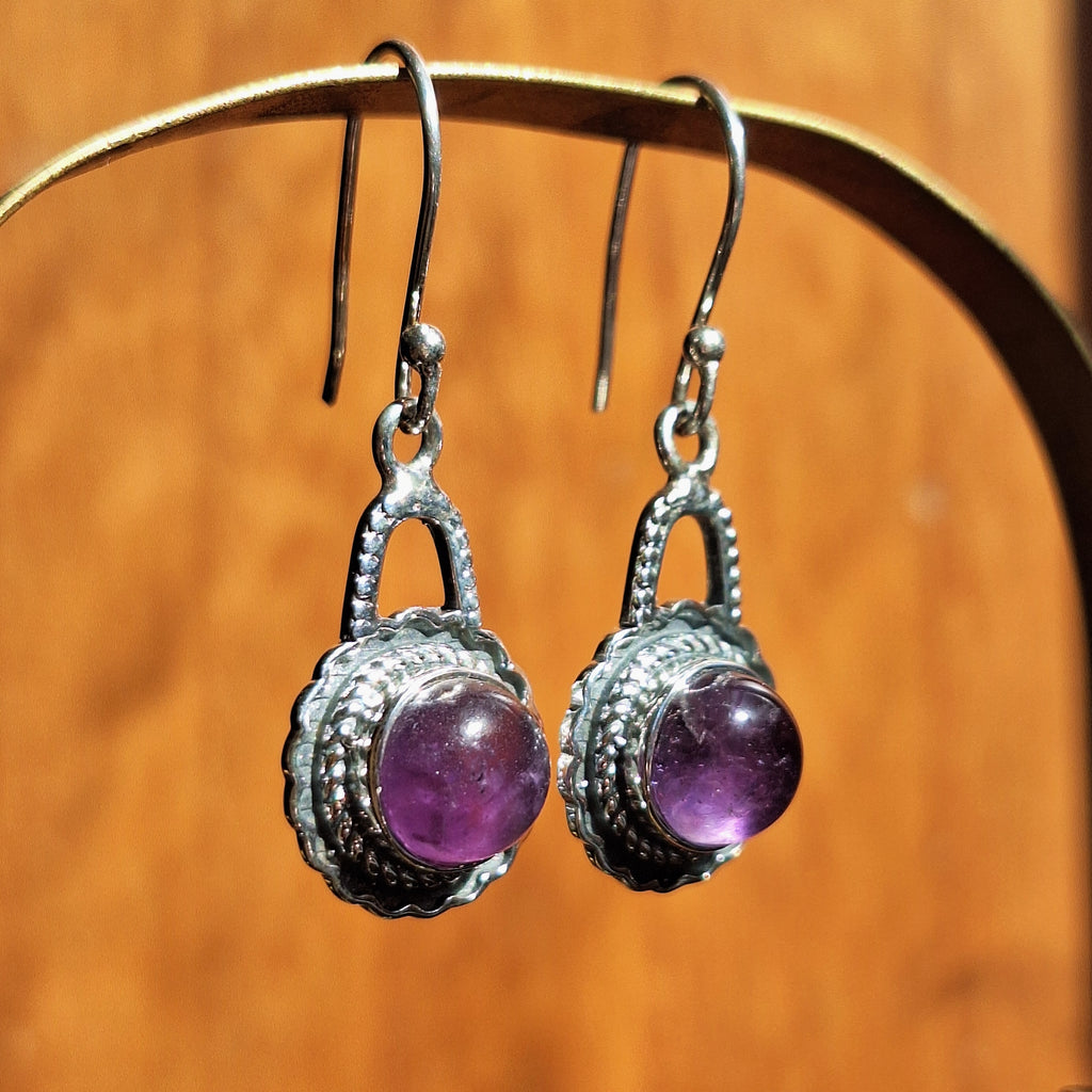 Amethyst Cabochon Circle Detailed Drop Earrings