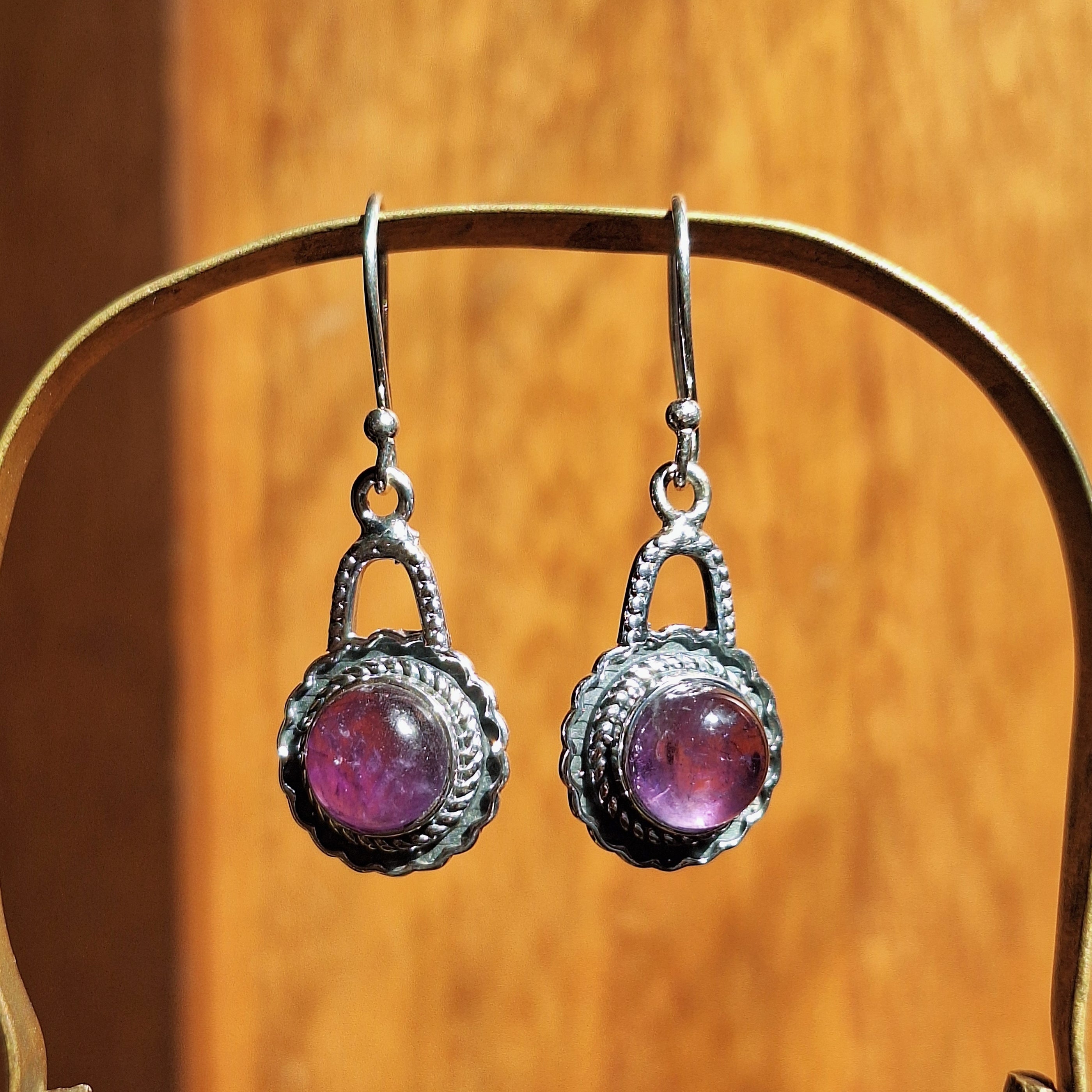 Amethyst Cabochon Circle Detailed Drop Earrings