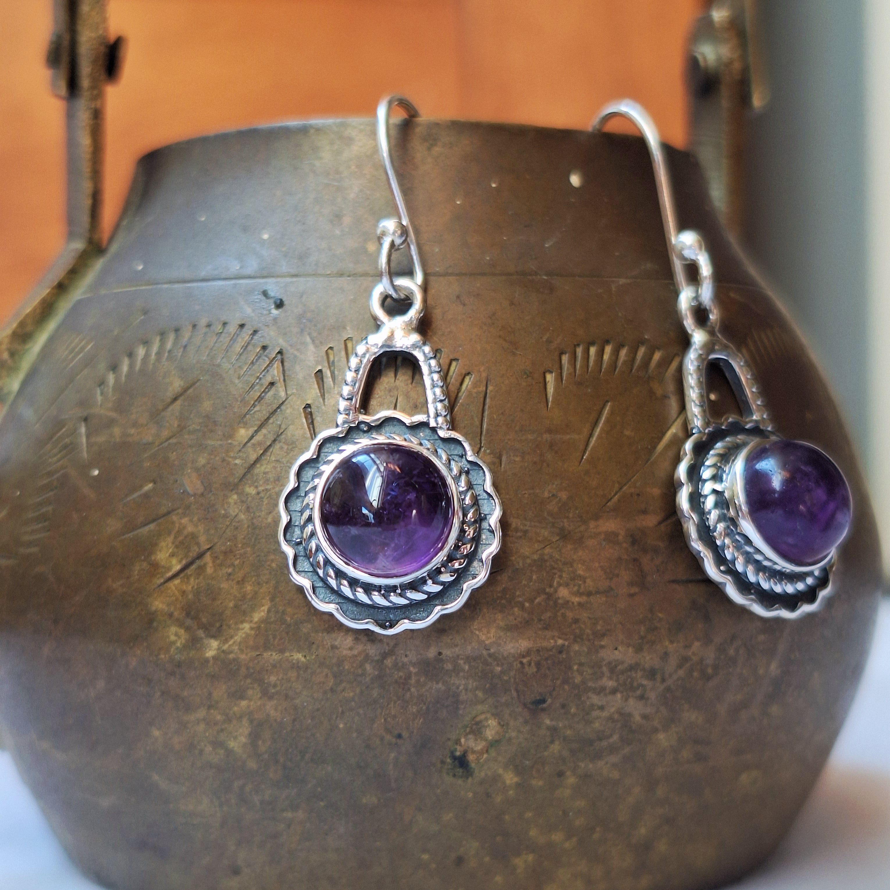 Amethyst Cabochon Circle Detailed Drop Earrings