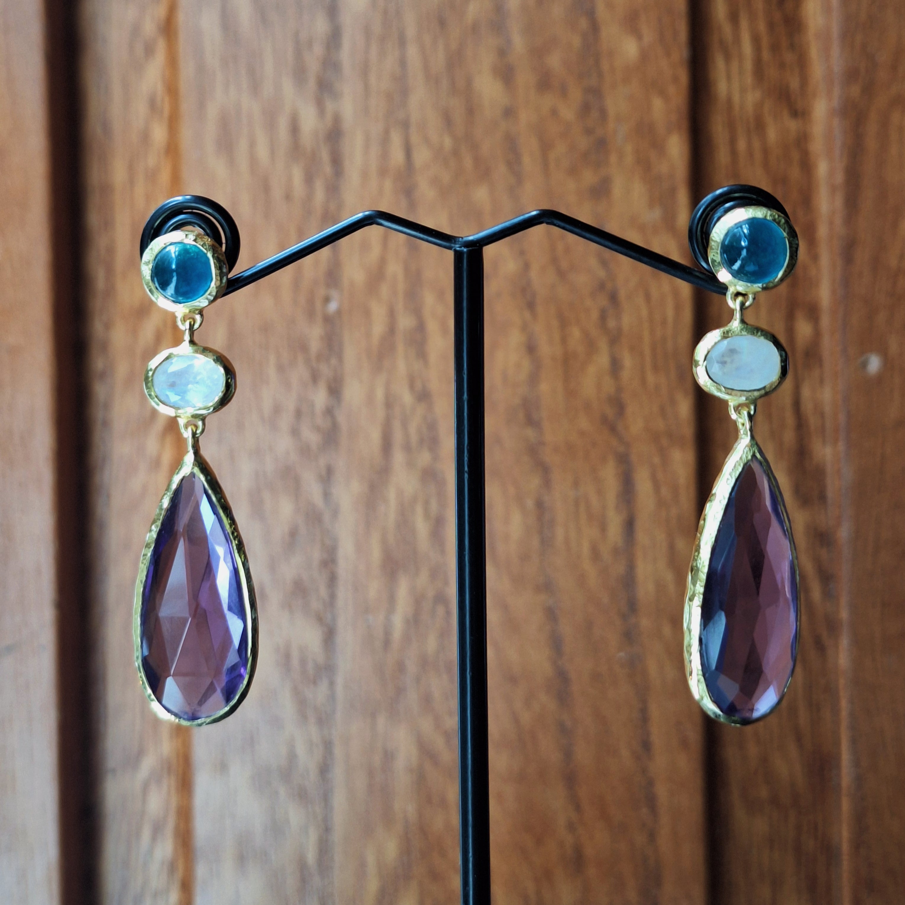 Gold Blue Apatite, Moonstone & Amethyst Earrings