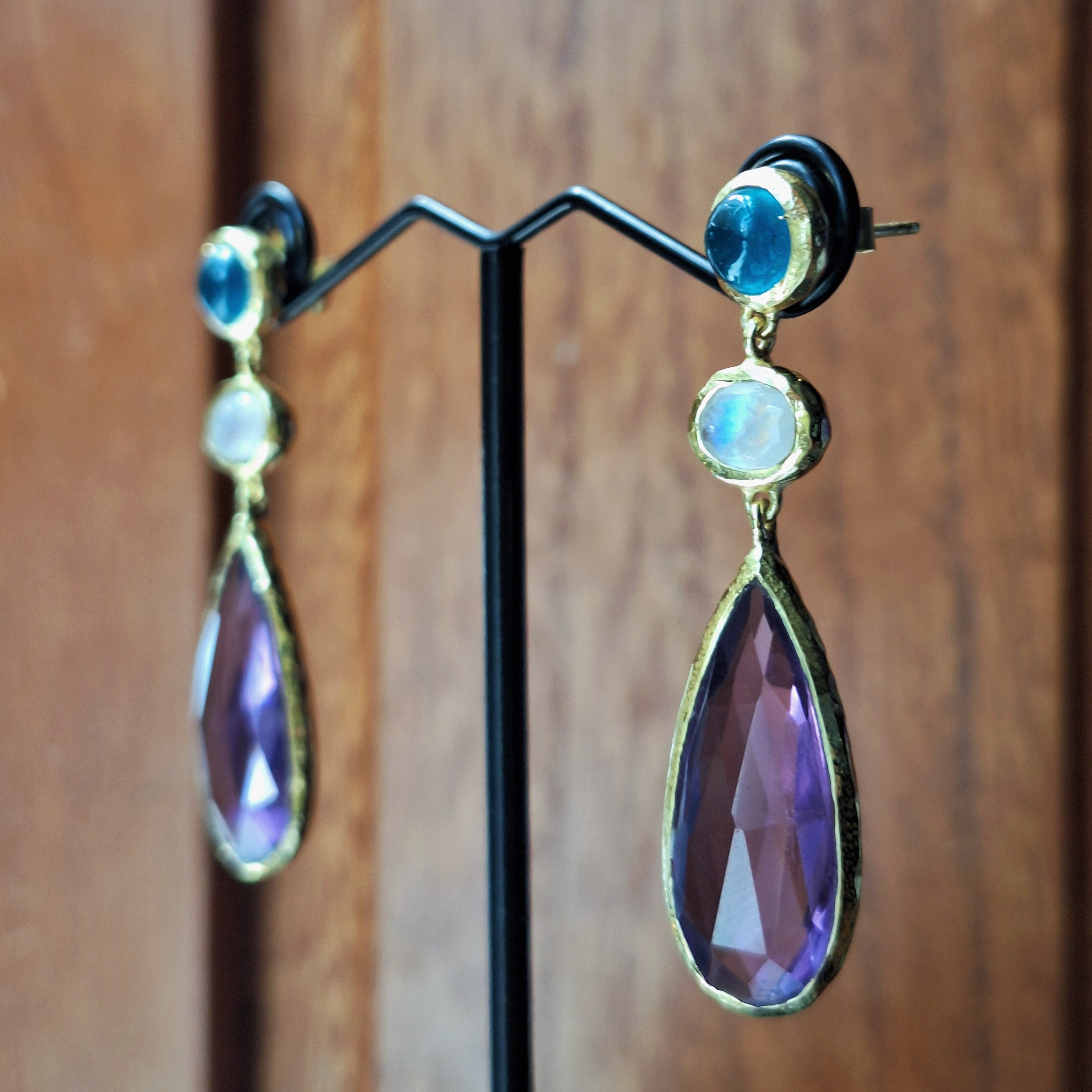 Gold Blue Apatite, Moonstone & Amethyst Earrings