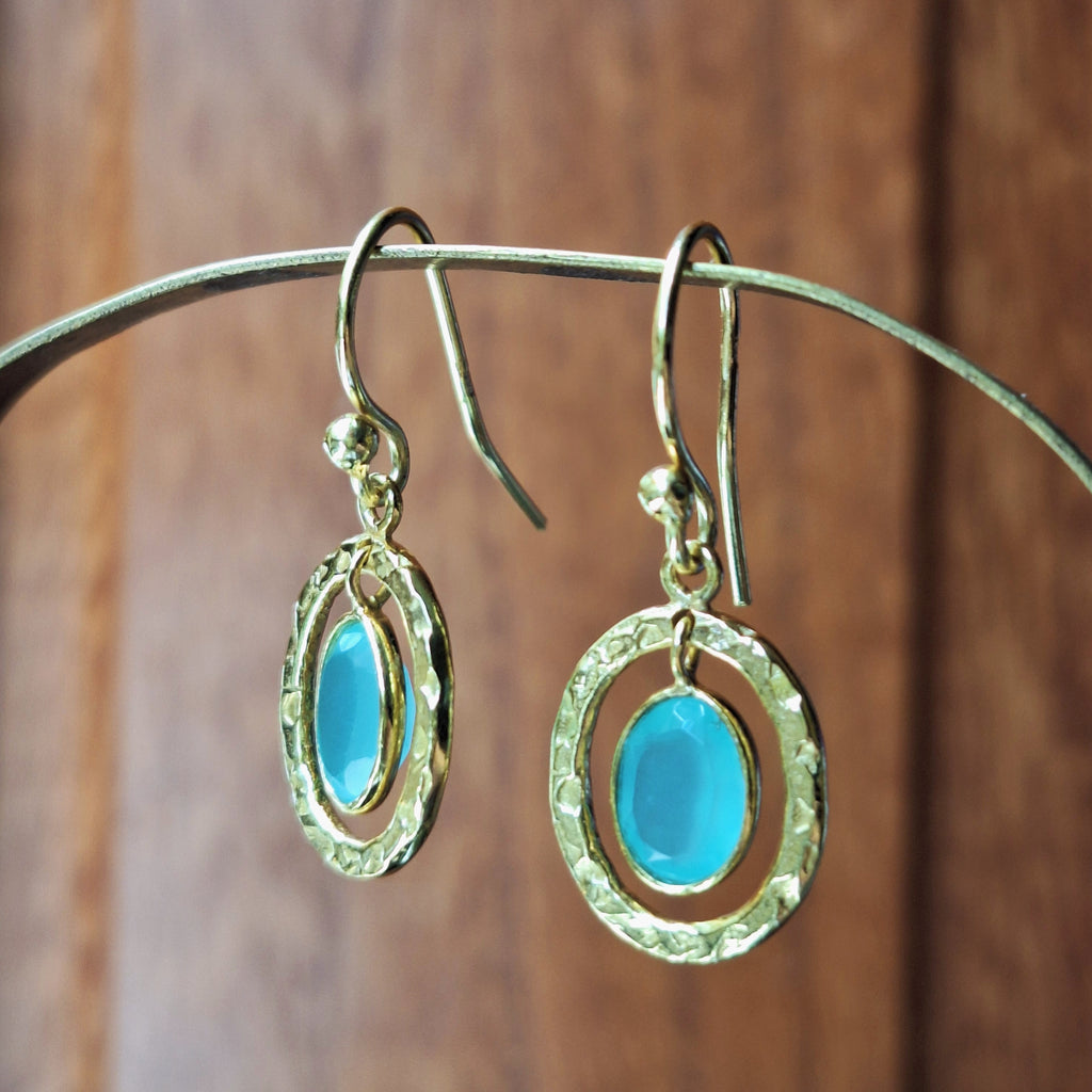 Gold Aqua Chalcedony Halo Faceted Earrings