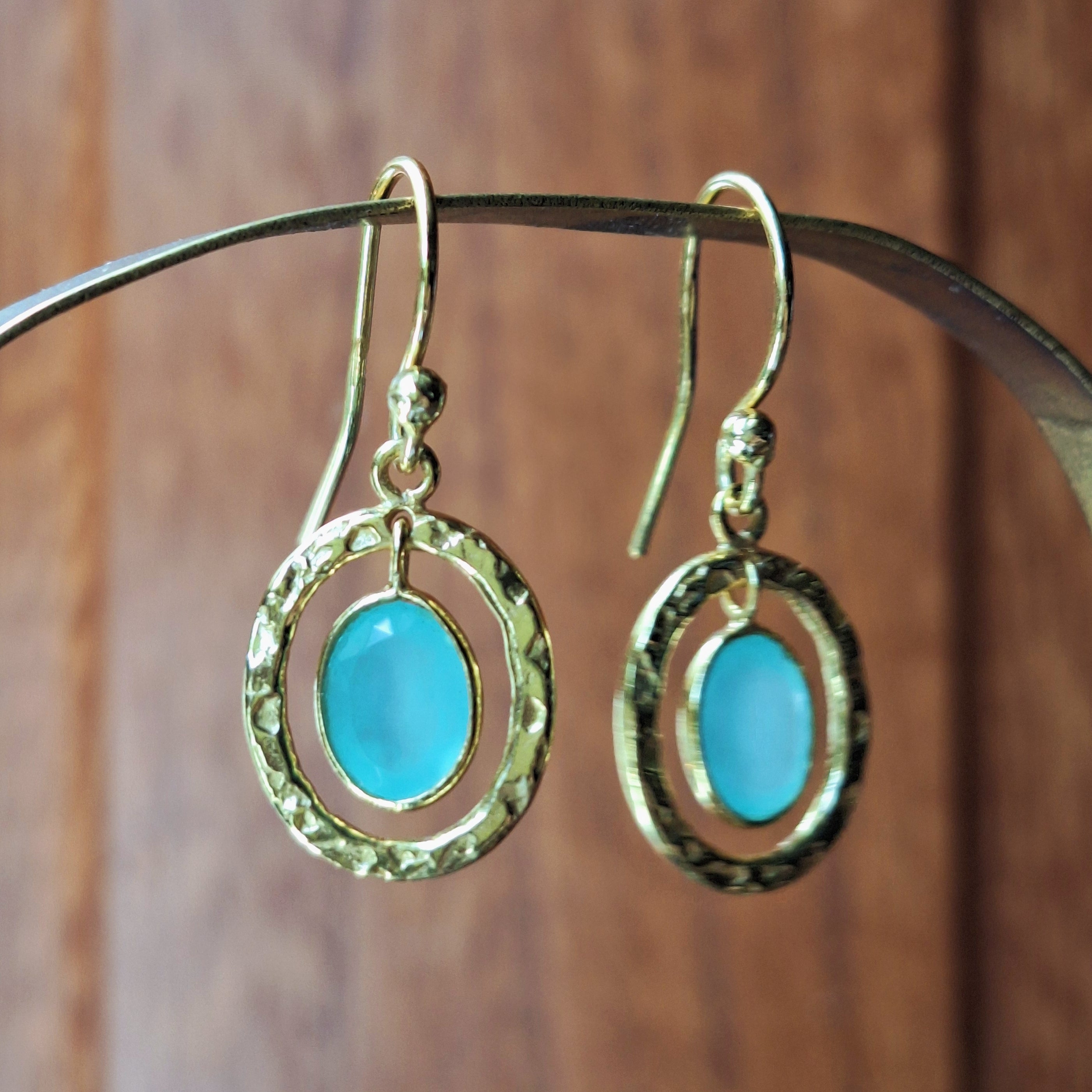Gold Aqua Chalcedony Halo Faceted Earrings
