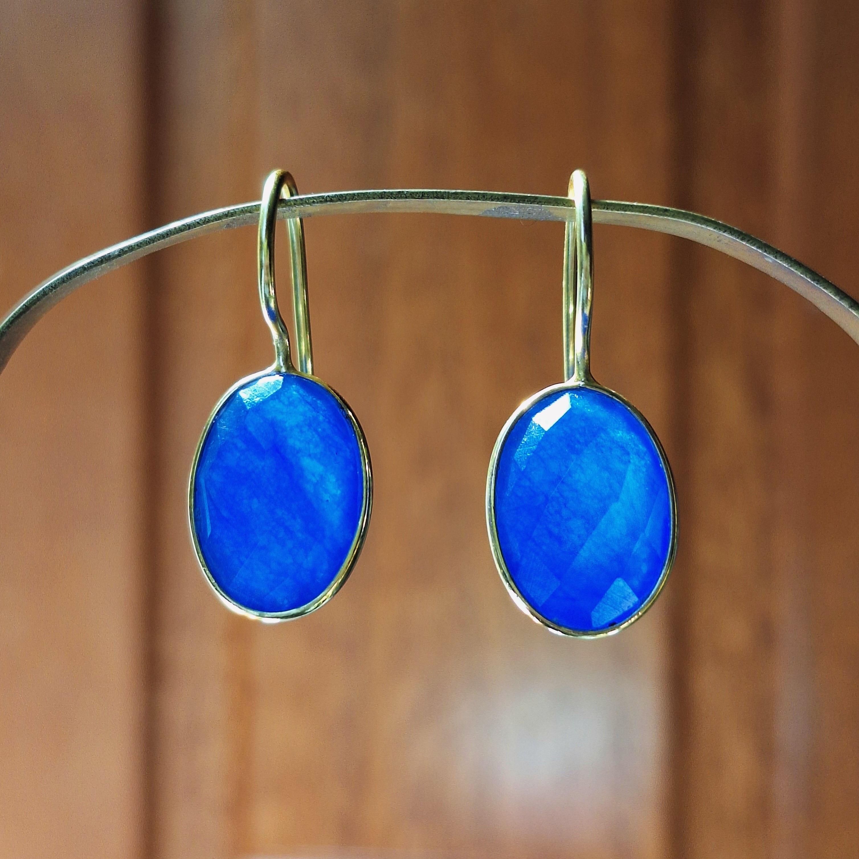 Gold Blue Chalcedony Faceted Earrings