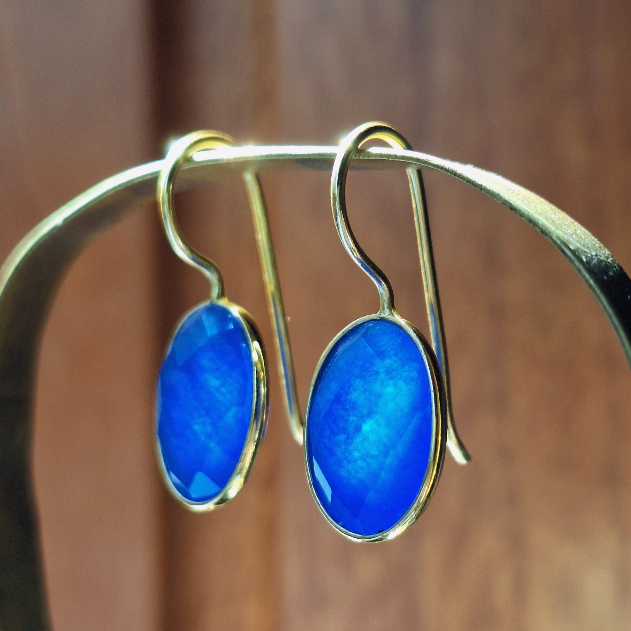 Gold Blue Chalcedony Faceted Earrings