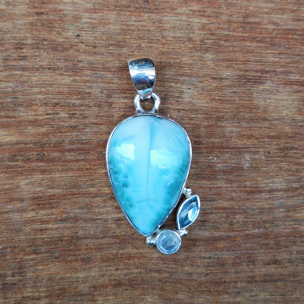 Dominican Larimar & Topaz Leaf Pendant