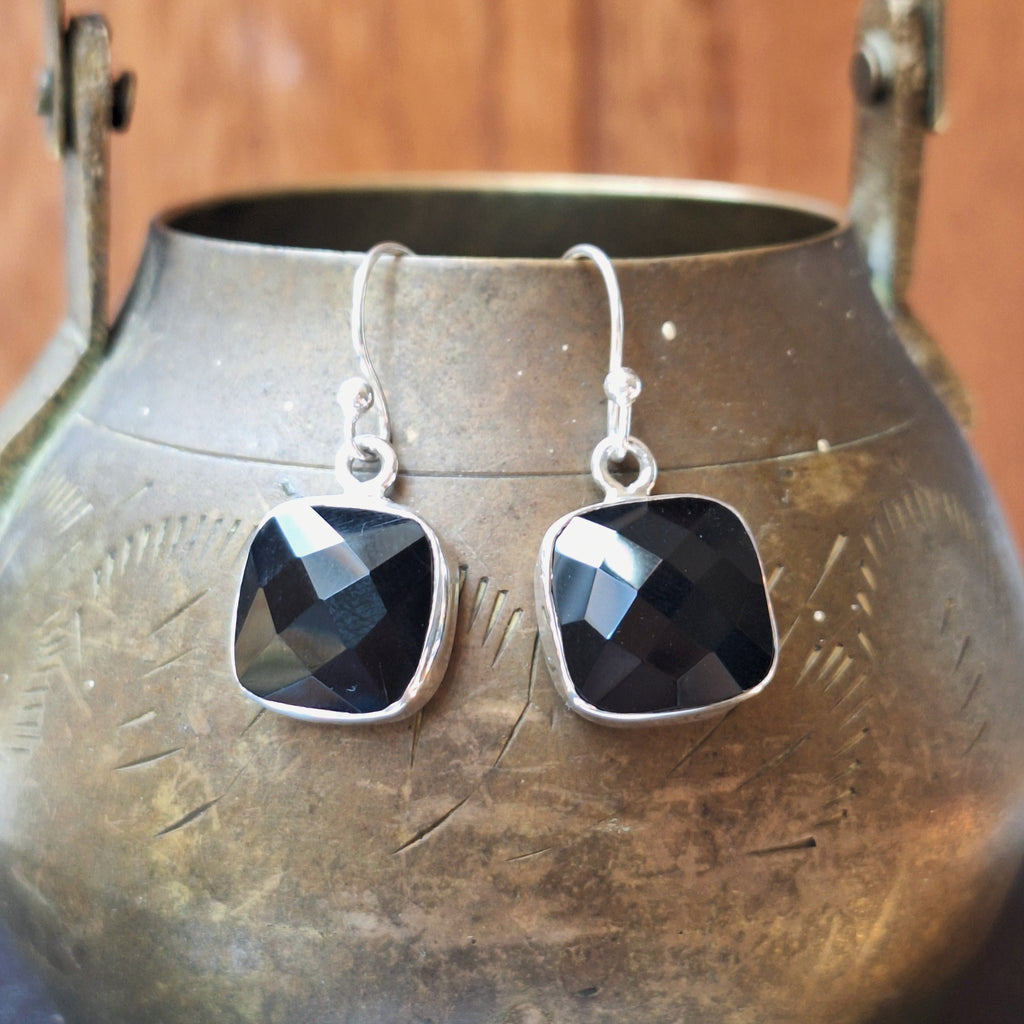 Black Onyx Faceted Square Earrings