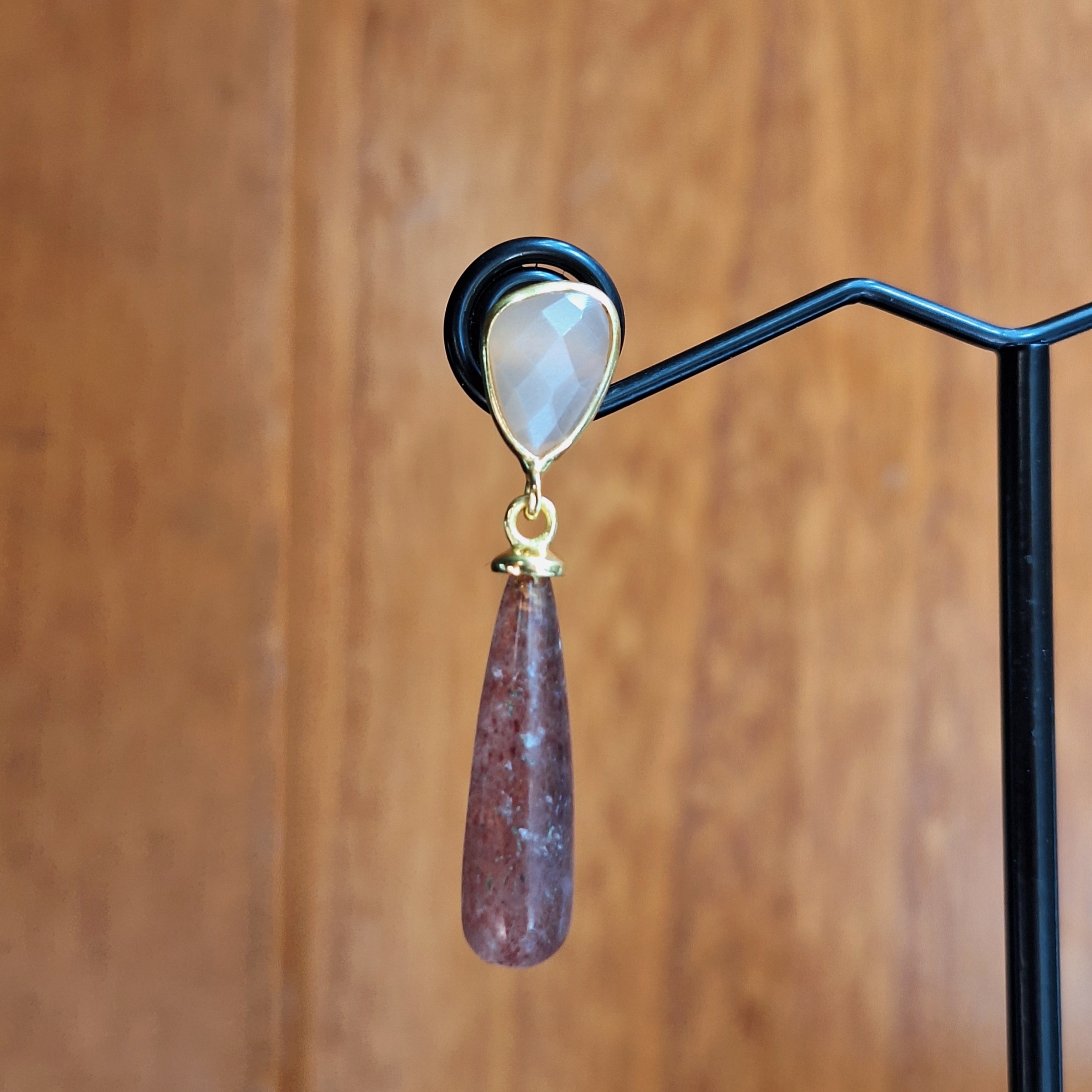 Gold Peach Moonstone & Strawberry Quartz Stud Drop Earrings