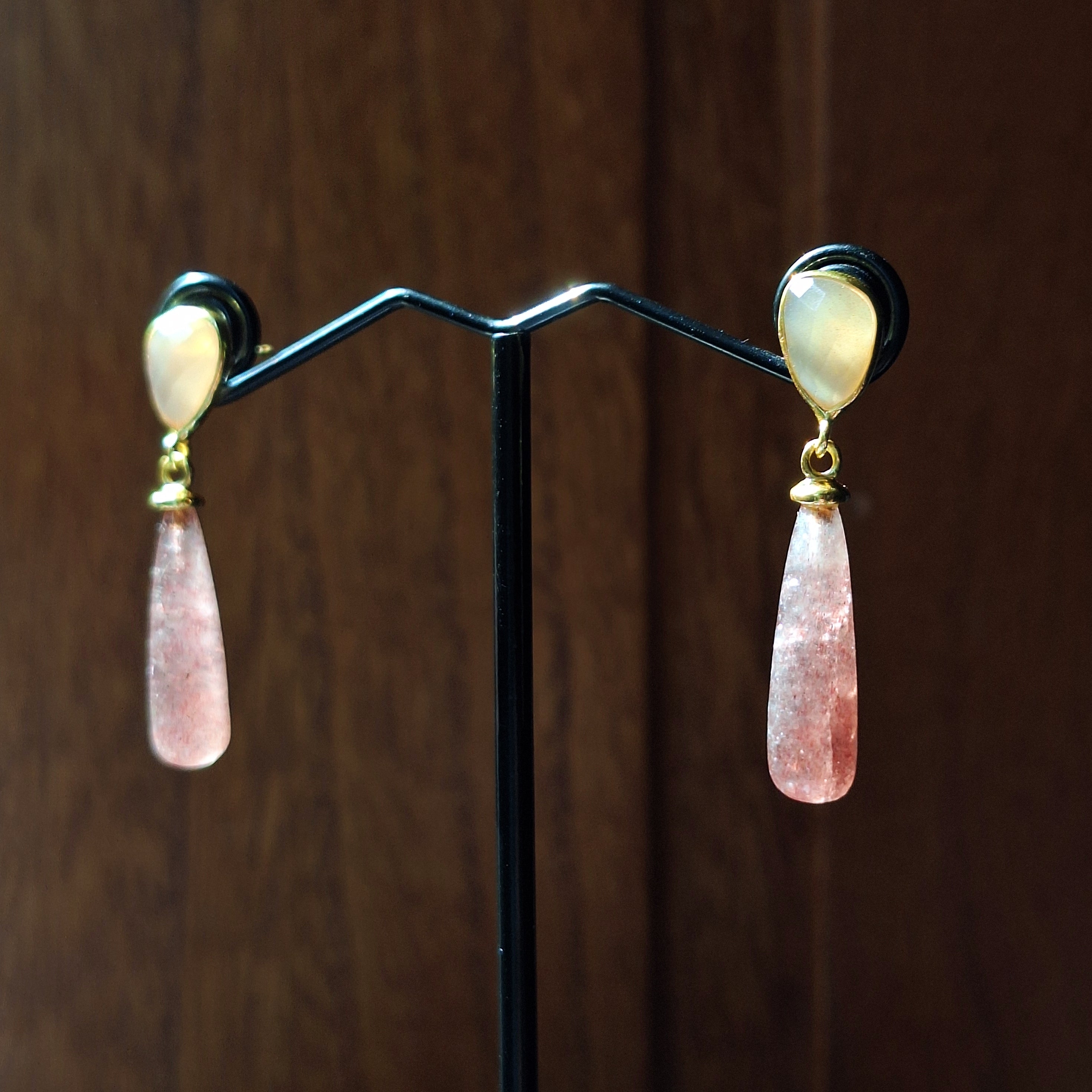 Gold Peach Moonstone & Strawberry Quartz Stud Drop Earrings