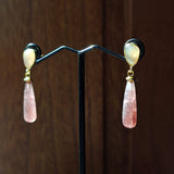 Gold Peach Moonstone & Strawberry Quartz Stud Drop Earrings