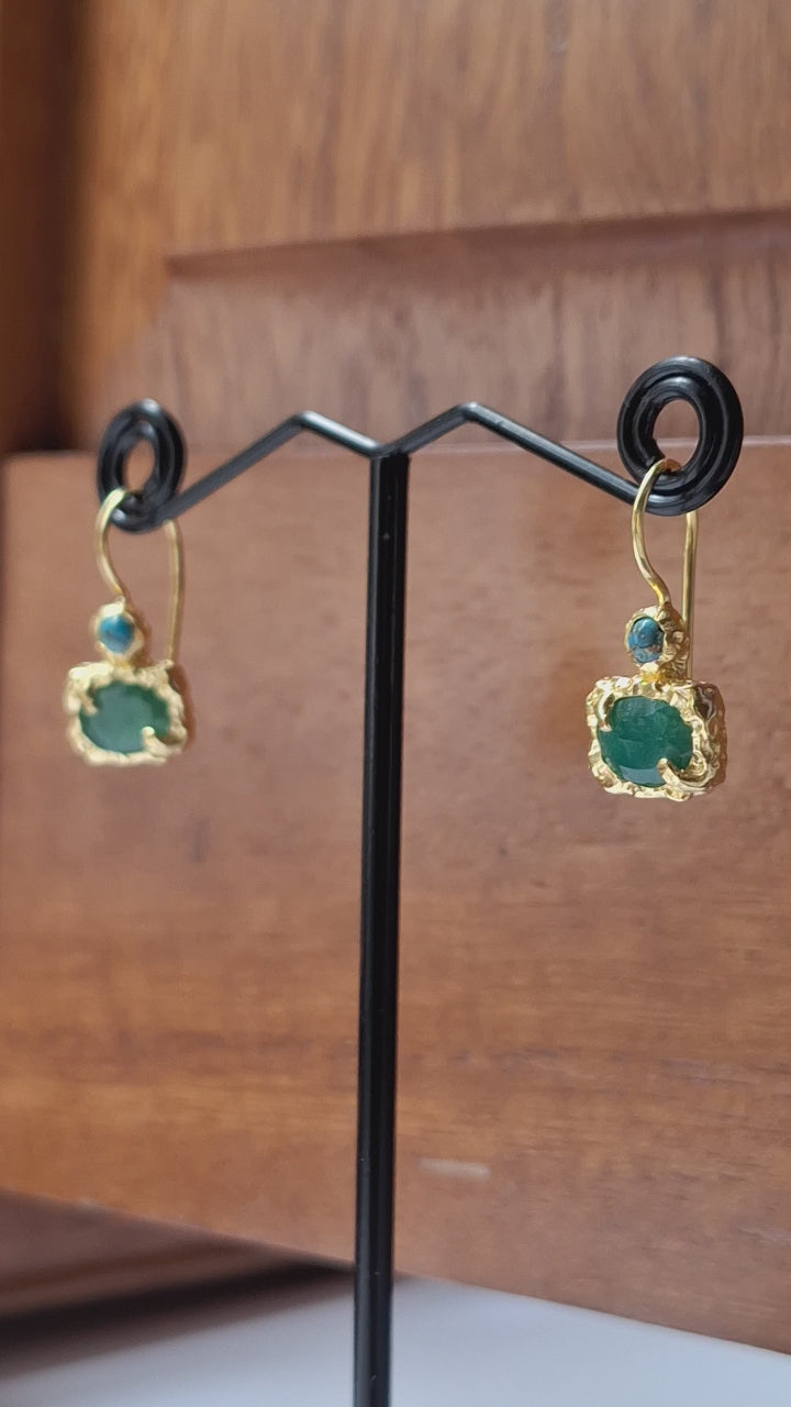 Gold Emerald & Copper Turquoise Earrings