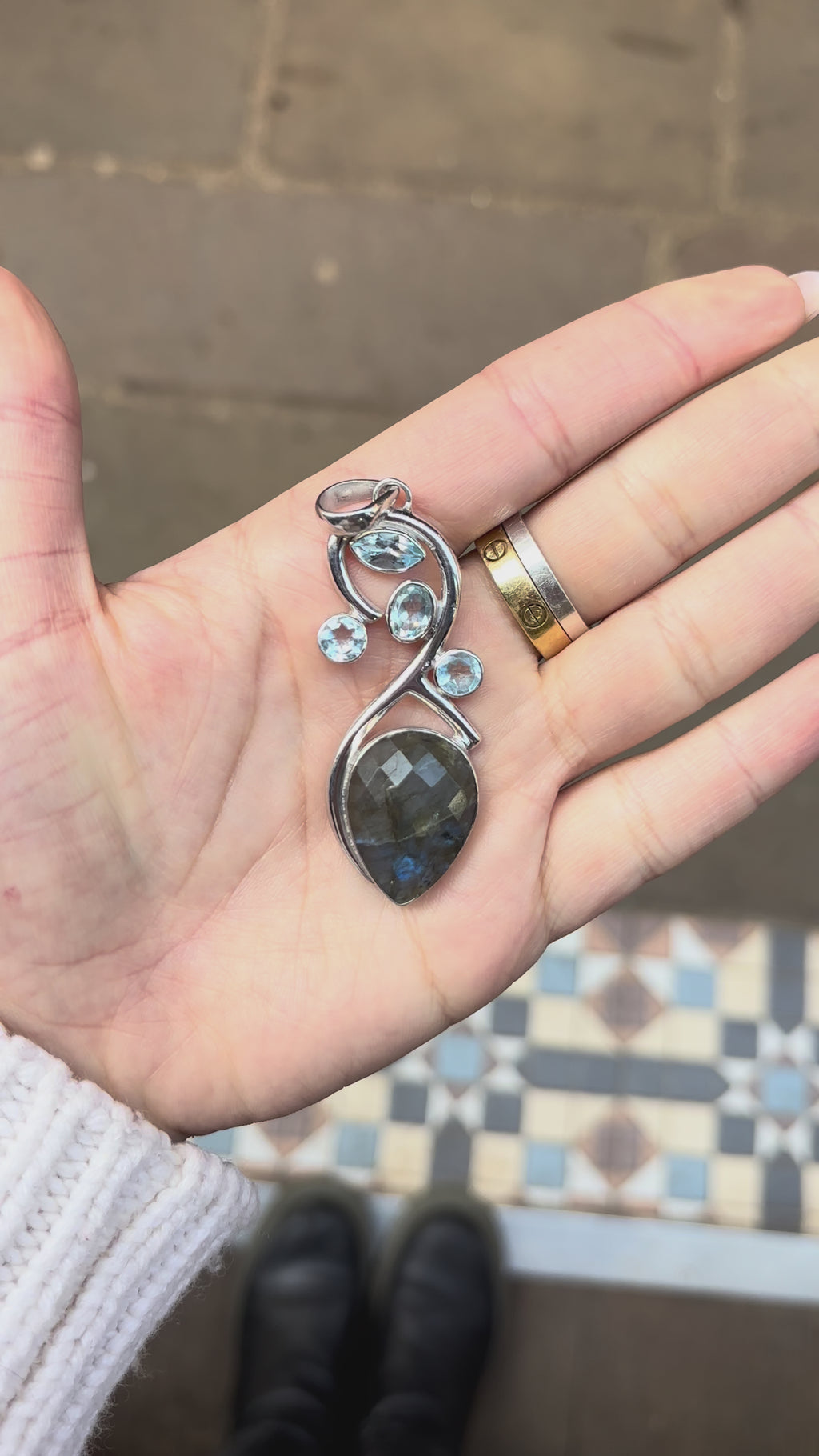Blue Topaz & Labradorite Organic Curve Faceted Pendant