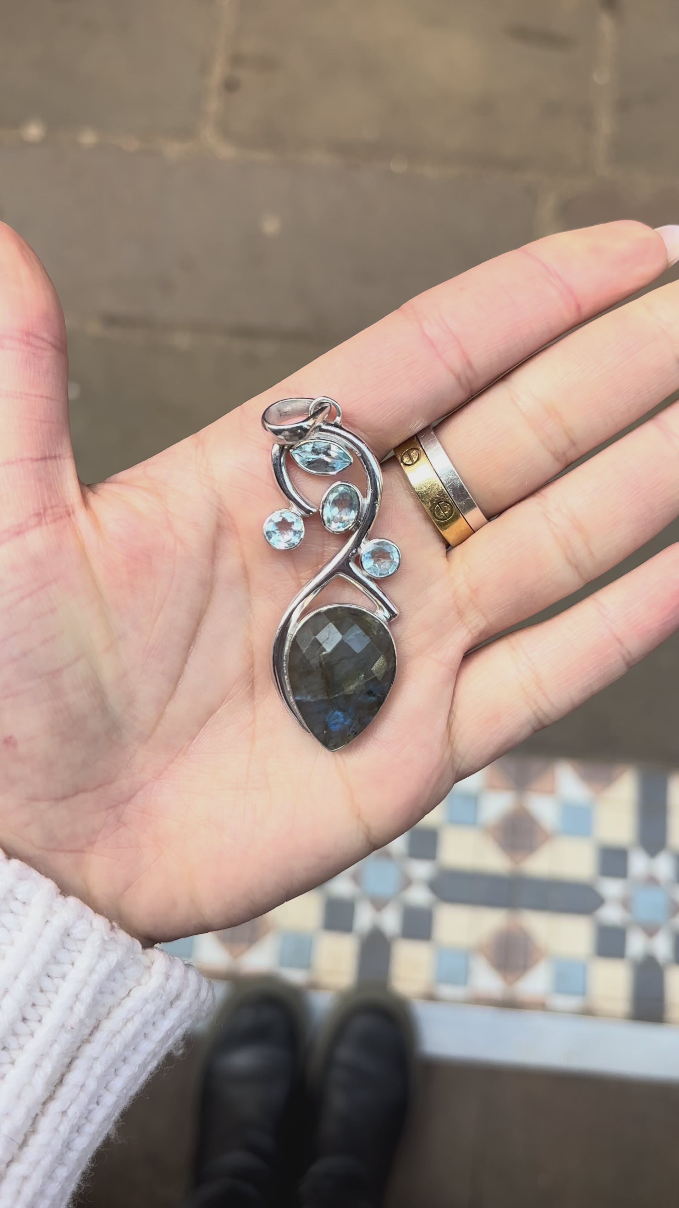 Blue Topaz & Labradorite Organic Curve Faceted Pendant