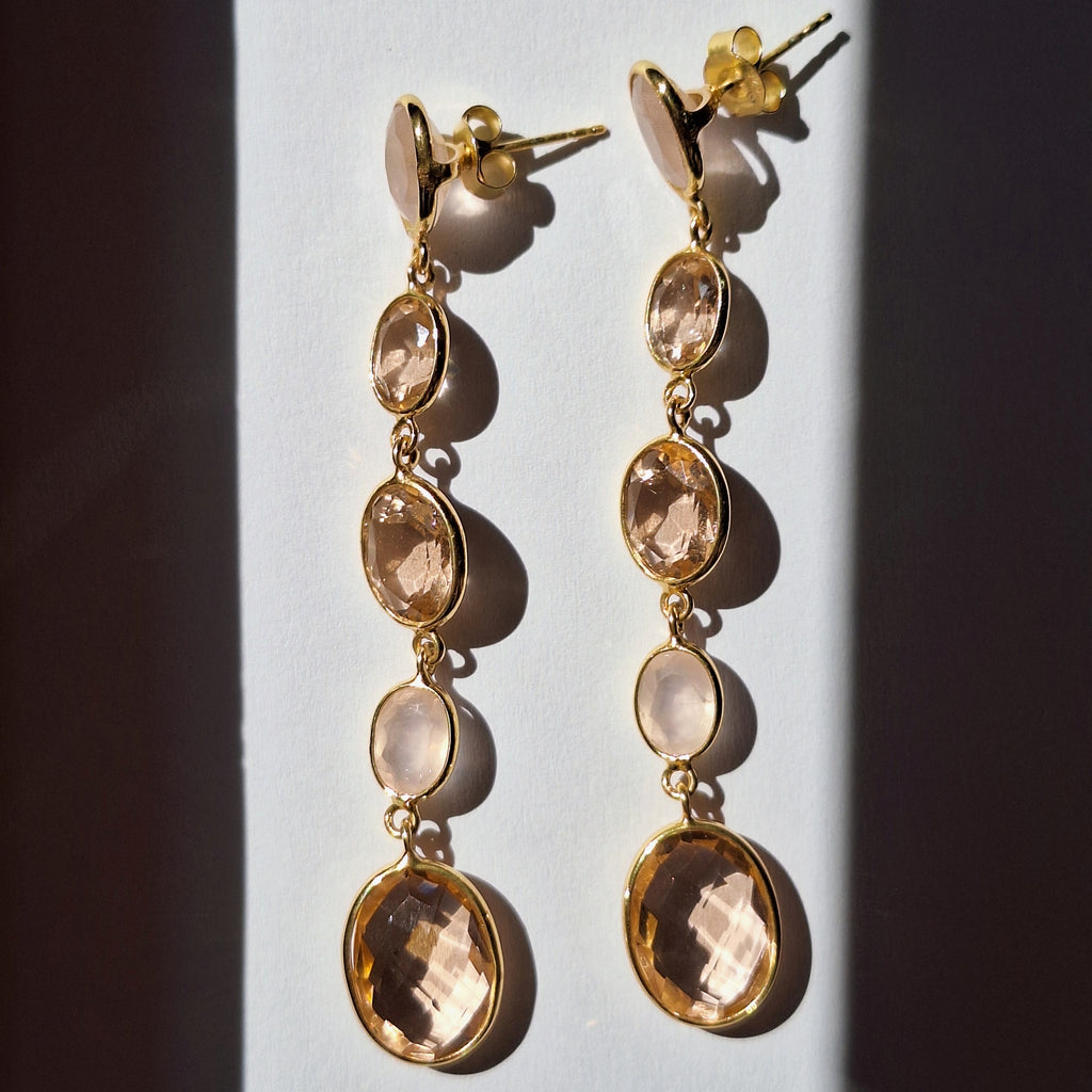 Gold Rose & Cherry Quartz Drop Stud Earrings