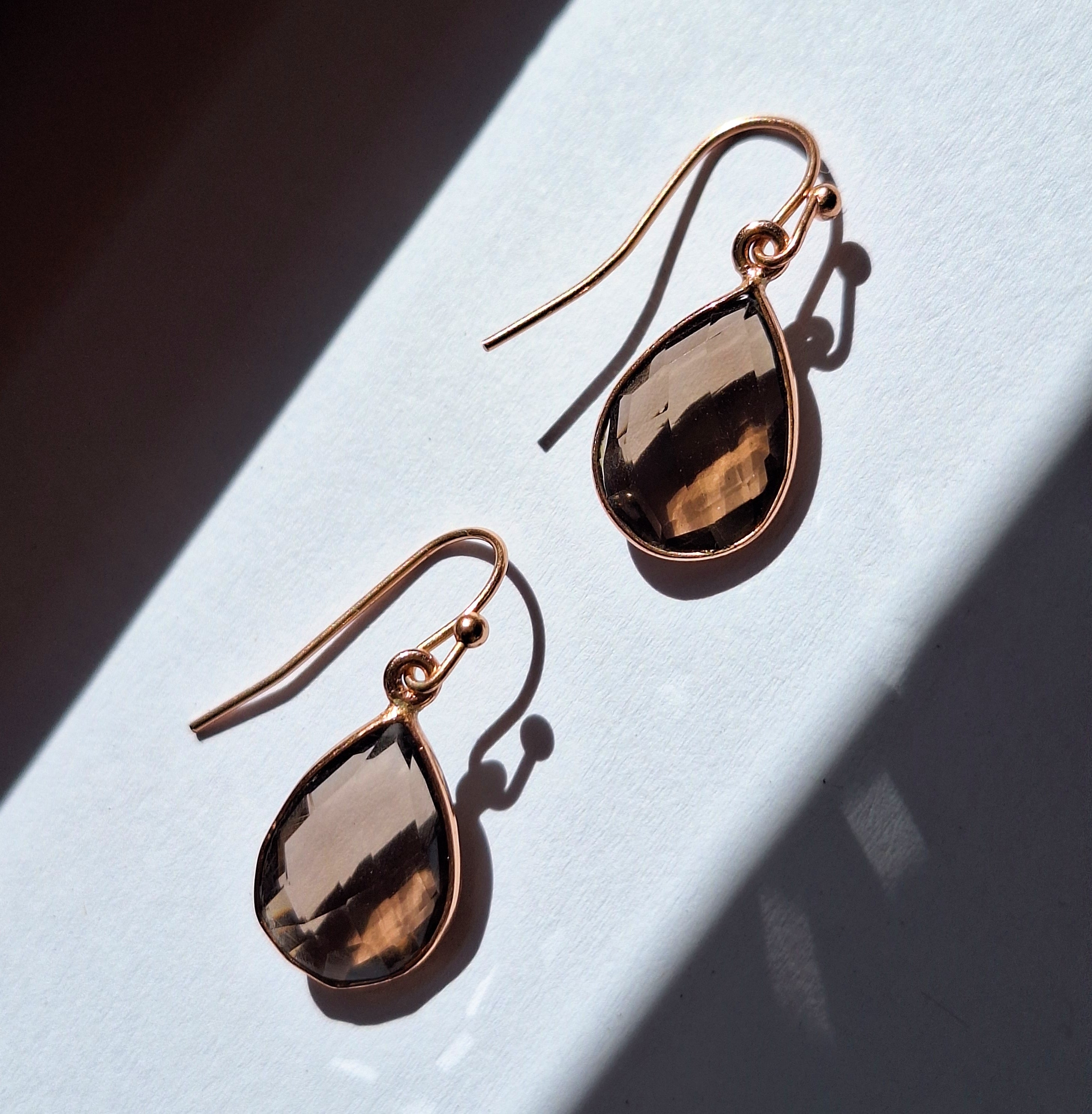 Rose Gold Smoky Quartz Teardrop Faceted Earrings