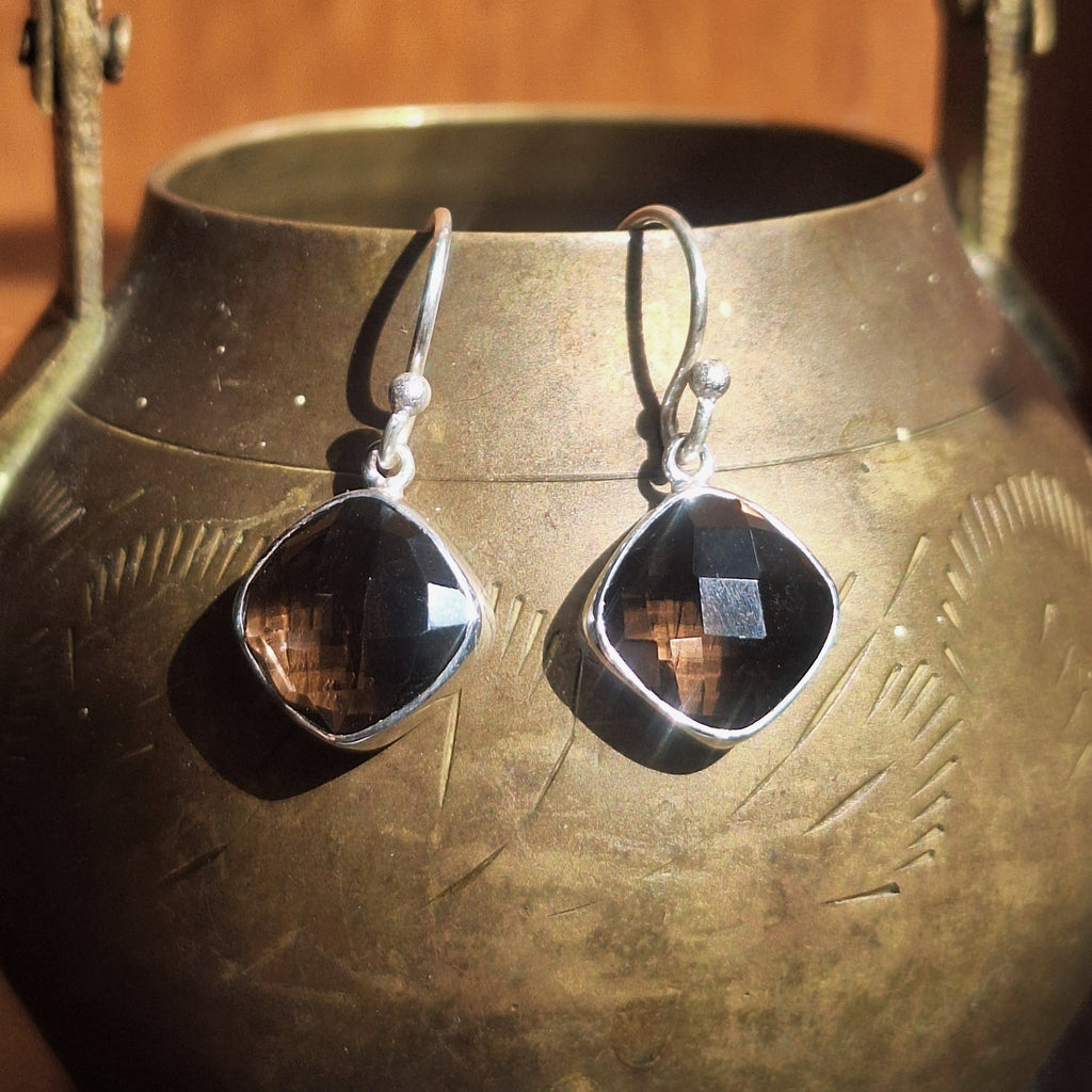 Smoky Quartz Faceted Diamond Drop Earrings
