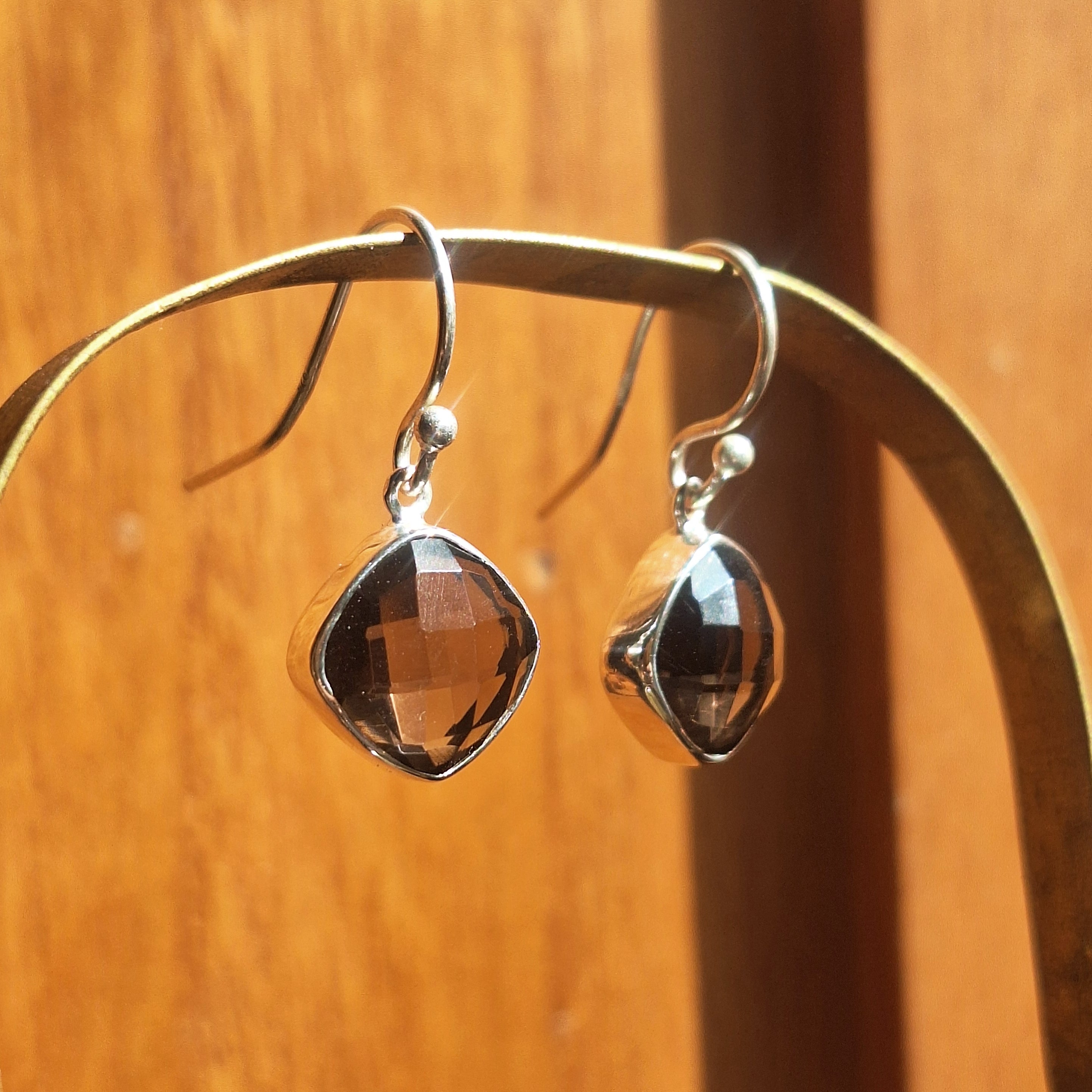 Smoky Quartz Faceted Diamond Drop Earrings
