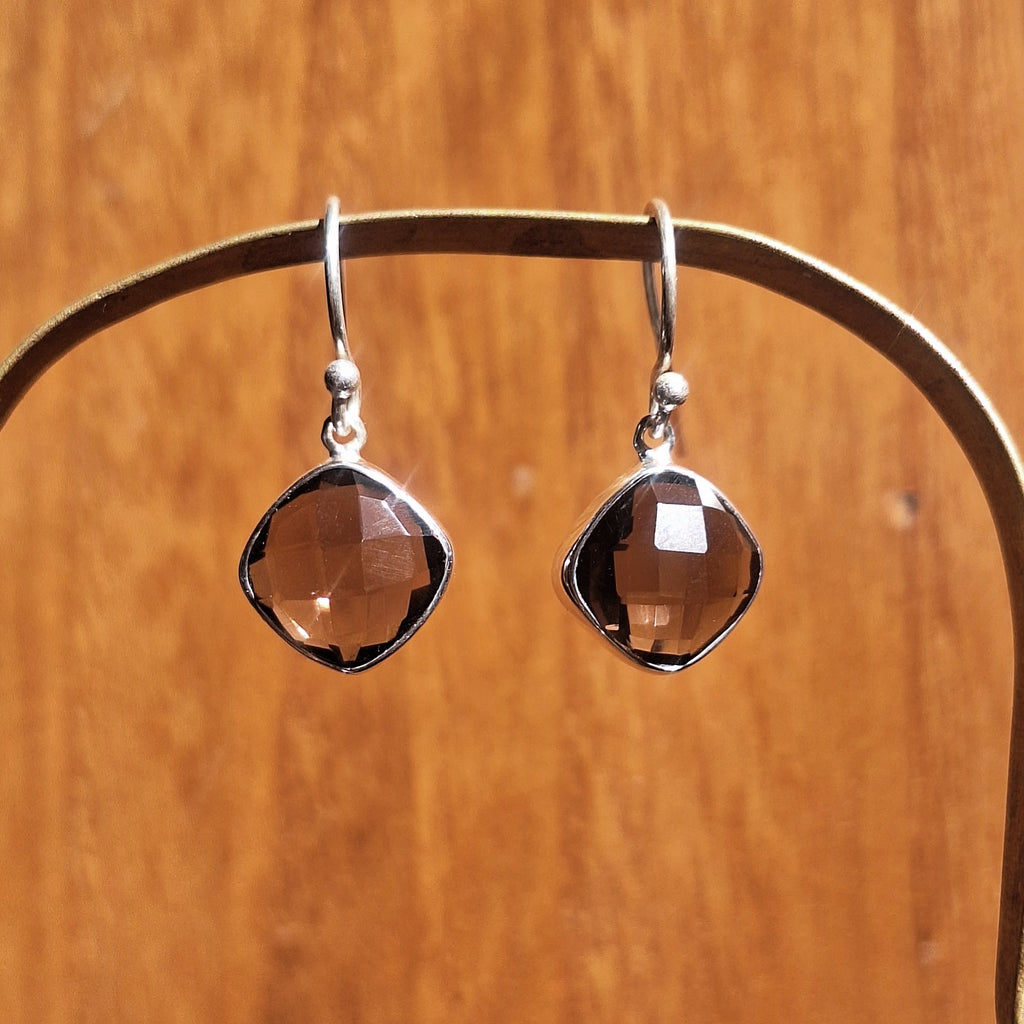 Smoky Quartz Faceted Diamond Drop Earrings