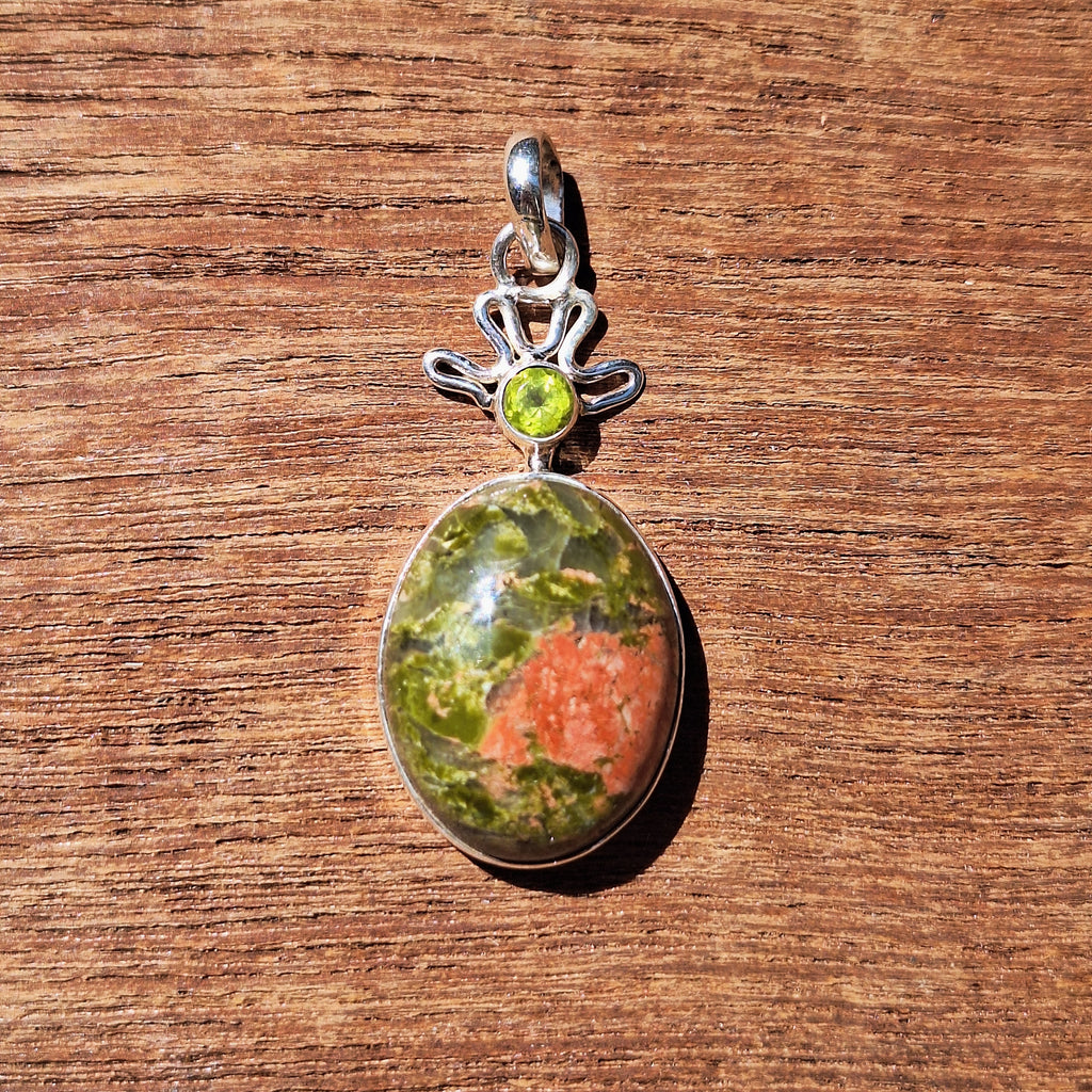 Unakite Jasper & Peridot Leaf Pendant
