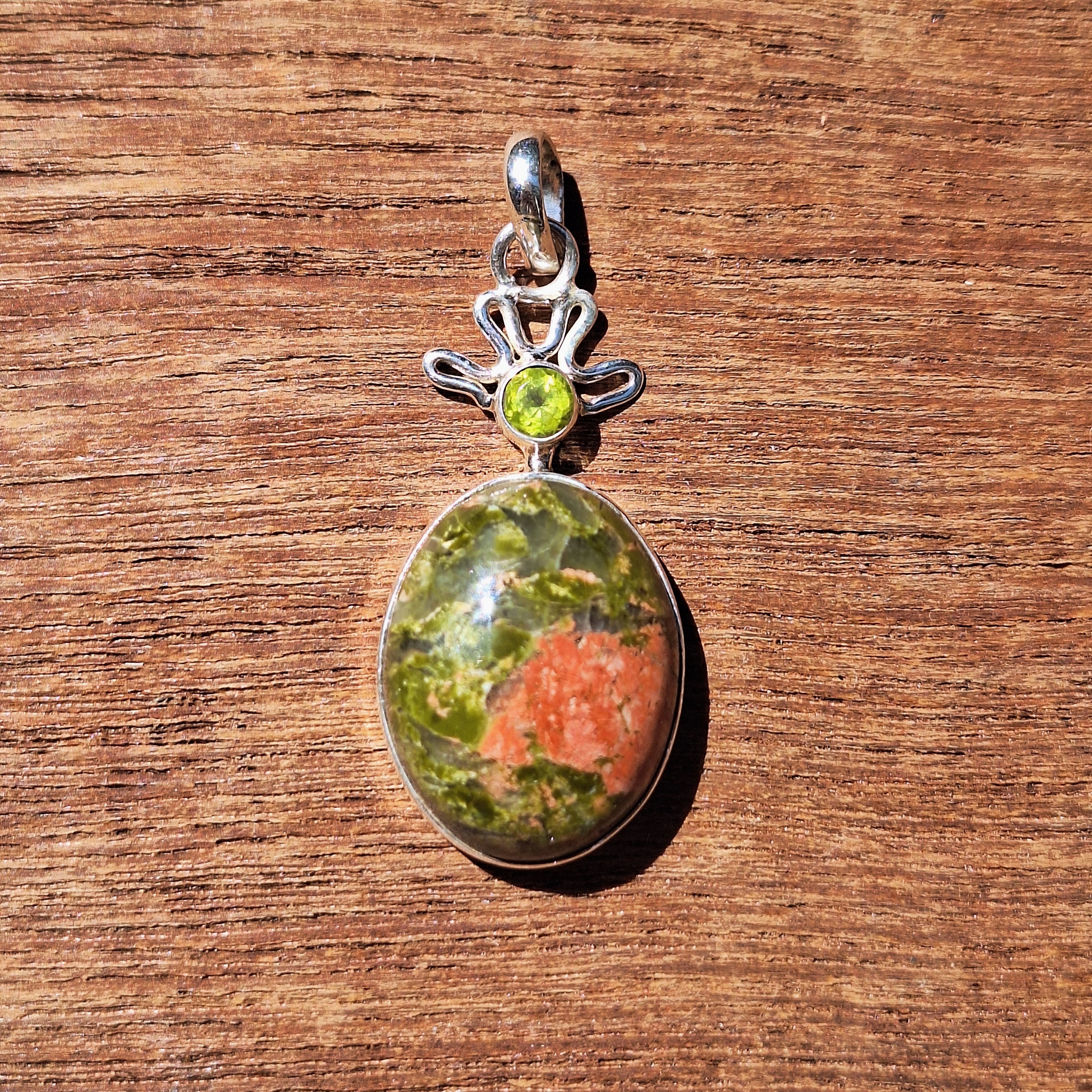 Unakite Jasper & Peridot Leaf Pendant