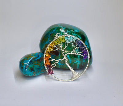 10cm x 10cm Rainbow Chakra Tree of Life Pendant in Silver