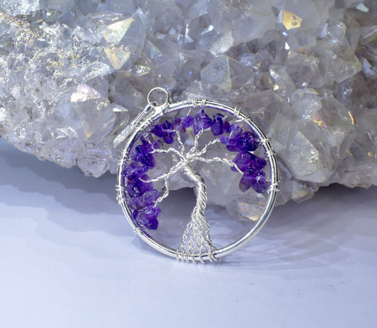 5cm x 5cm Purple Amethyst Tree of Life Pendant in Silver