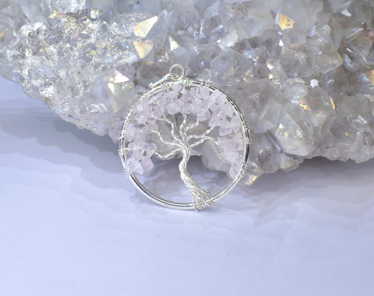 5cm x 5cm Rose Quartz Tree of Life Pendant in Silver