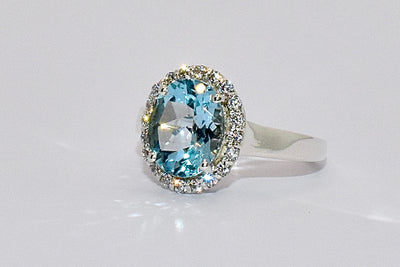 Aquamarine & CZ Premium Gemstone Oval Ring set in 925 silver.