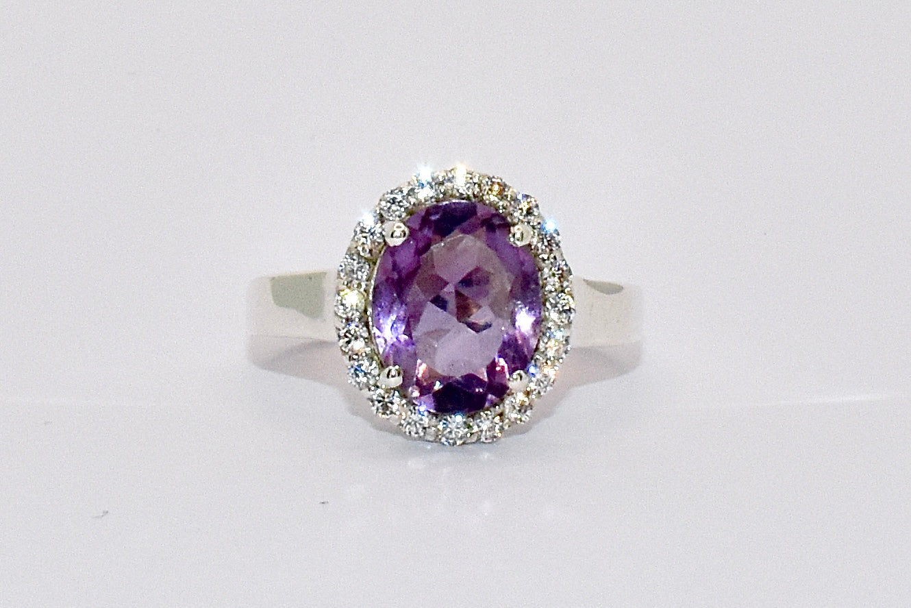 Amethyst & CZ Premium Gemstone Oval Ring set in 925 silver.