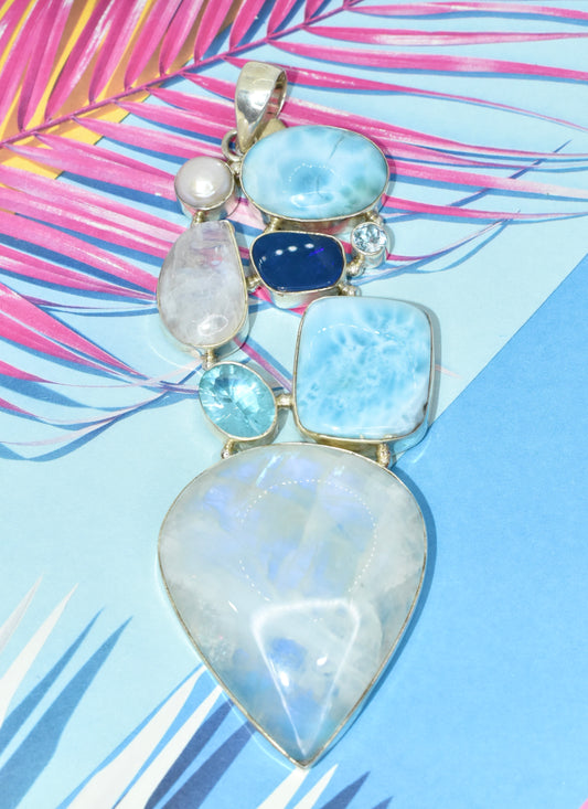 Larimar, Moonstone, Opal & Blue Topaz Pendant