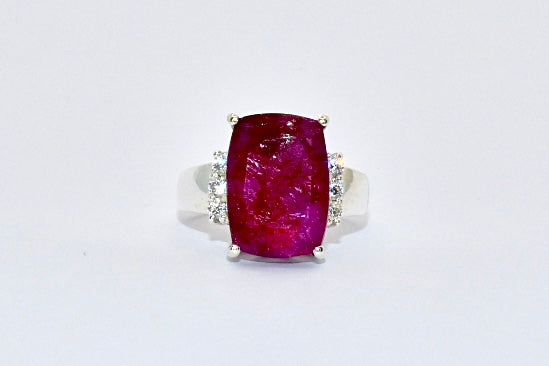 Premium Grade natural Ruby and CZ Ring with a vibrant fuchsia colour, set in 925 silver.