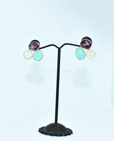 Amethyst, Moonstone & Chalcedony Gold Studs