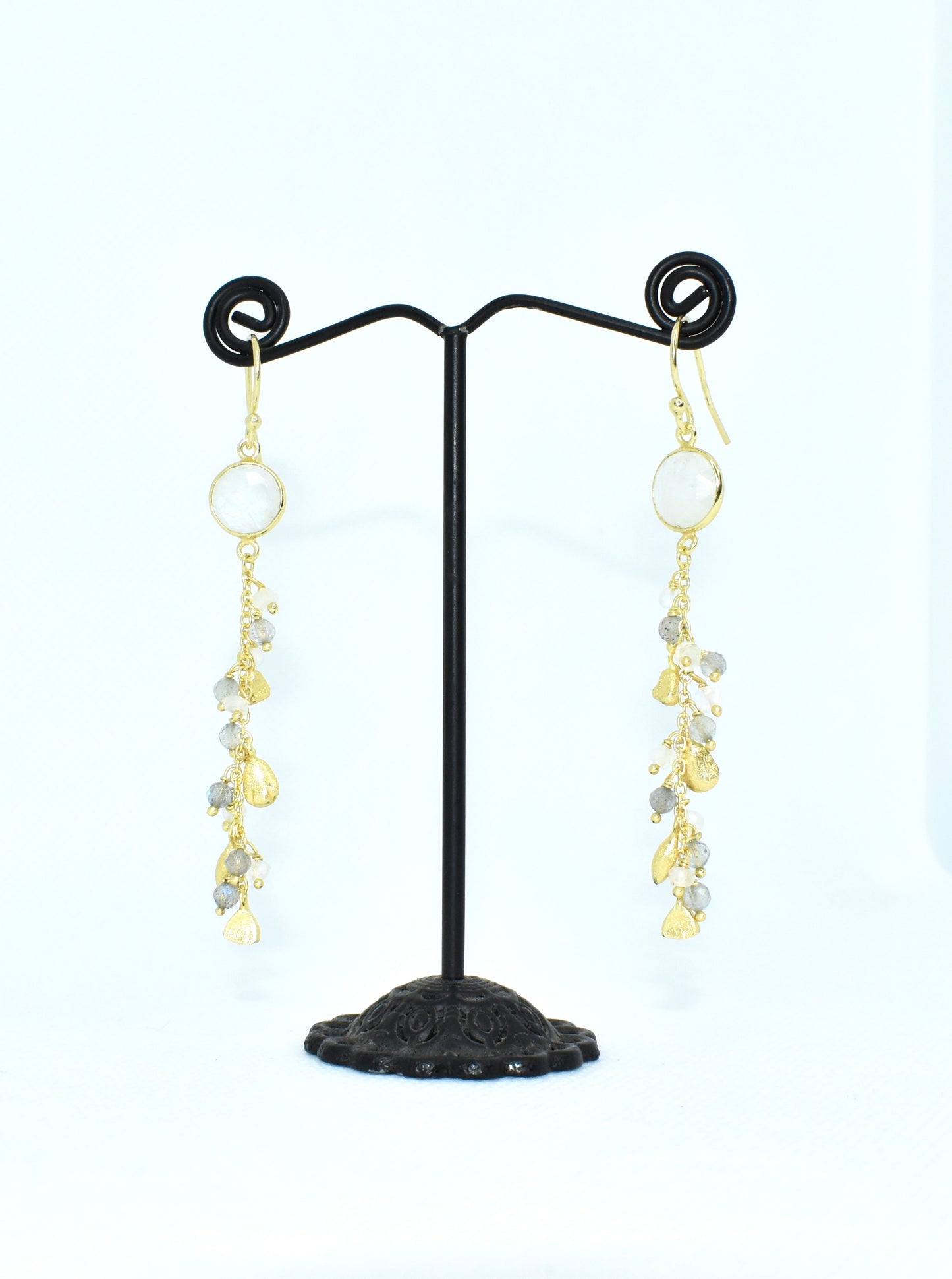 Moonstone and Labradorite Gold Drop Earrings