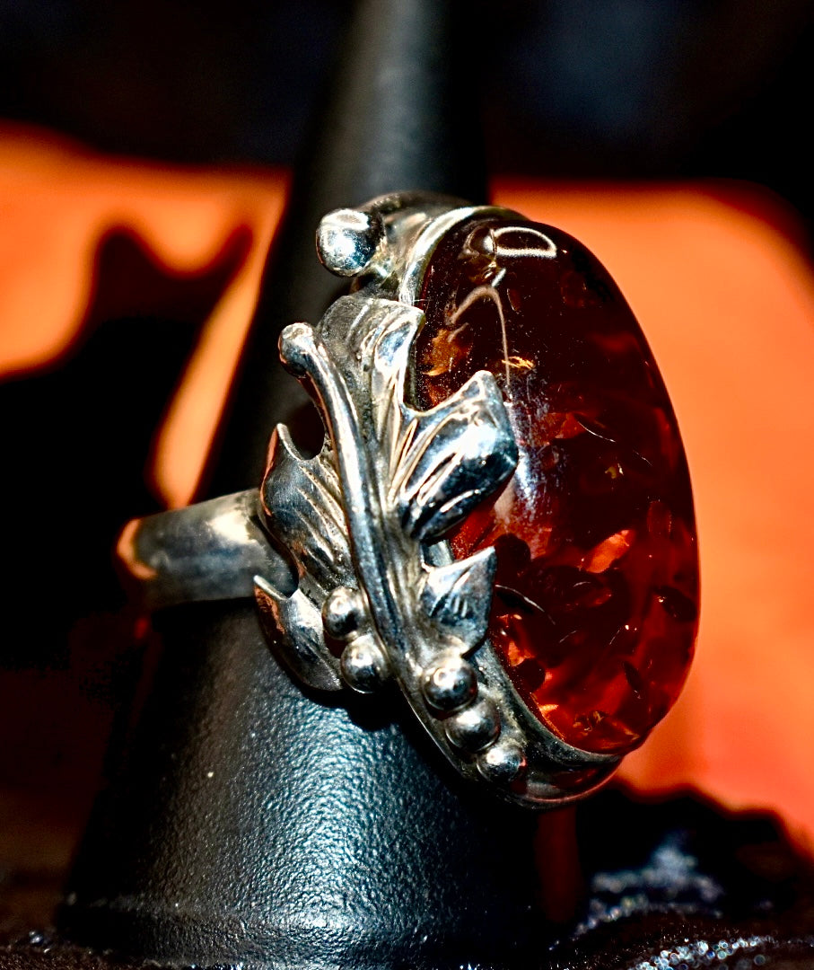 Large Amber Ring with Leaf Detail