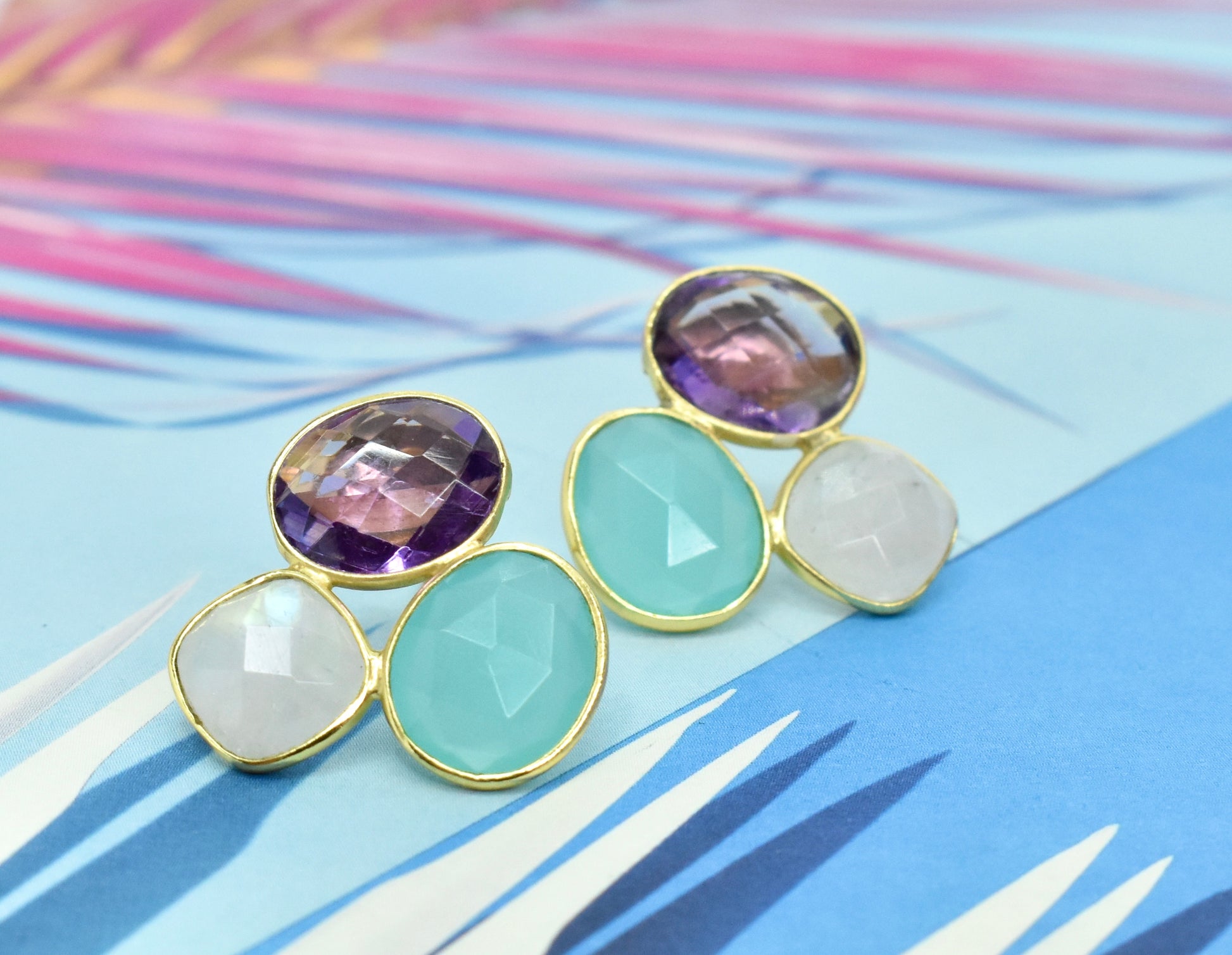 Amethyst, Moonstone & Chalcedony Gold Studs