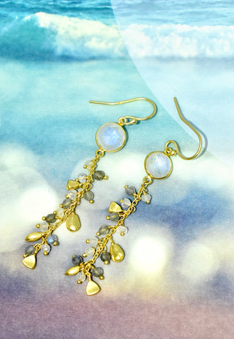 Moonstone and Labradorite Gold Drop Earrings