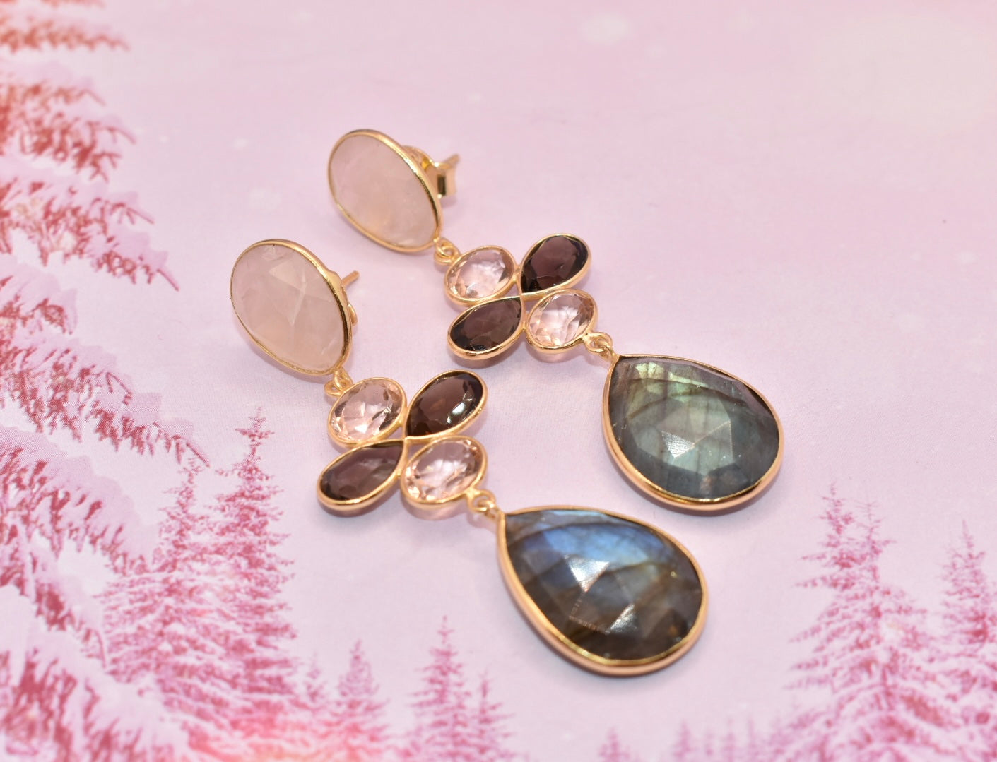 Labradorite, Moonstone, Rose Quartz & Smoky Quartz Earrings