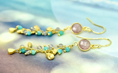 Strawberry Quartz, Chalcedony & Moonstone Gold Drop Earrings