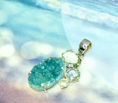 Agate Druzy & Green Amethyst Silver Pendant