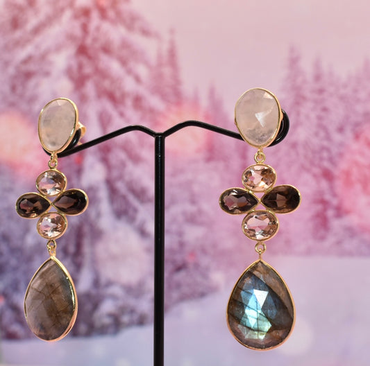 Labradorite, Moonstone, Rose Quartz & Smoky Quartz Earrings